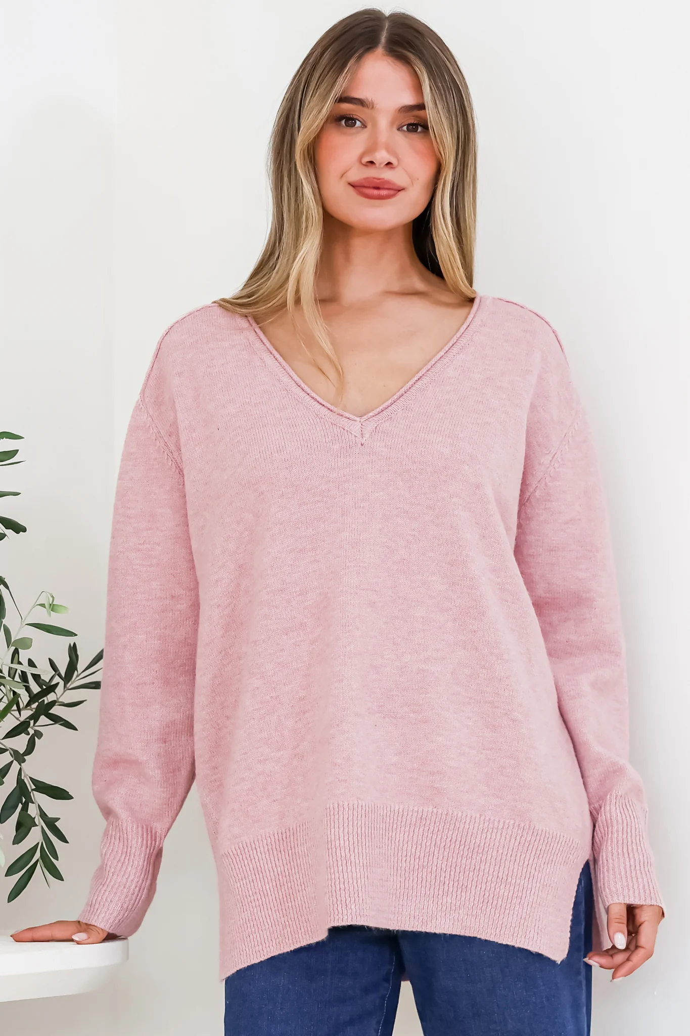 Clarke Jumper - V-Neck Batwing Sleeve Ribbed Step Hemline Knit in Pink