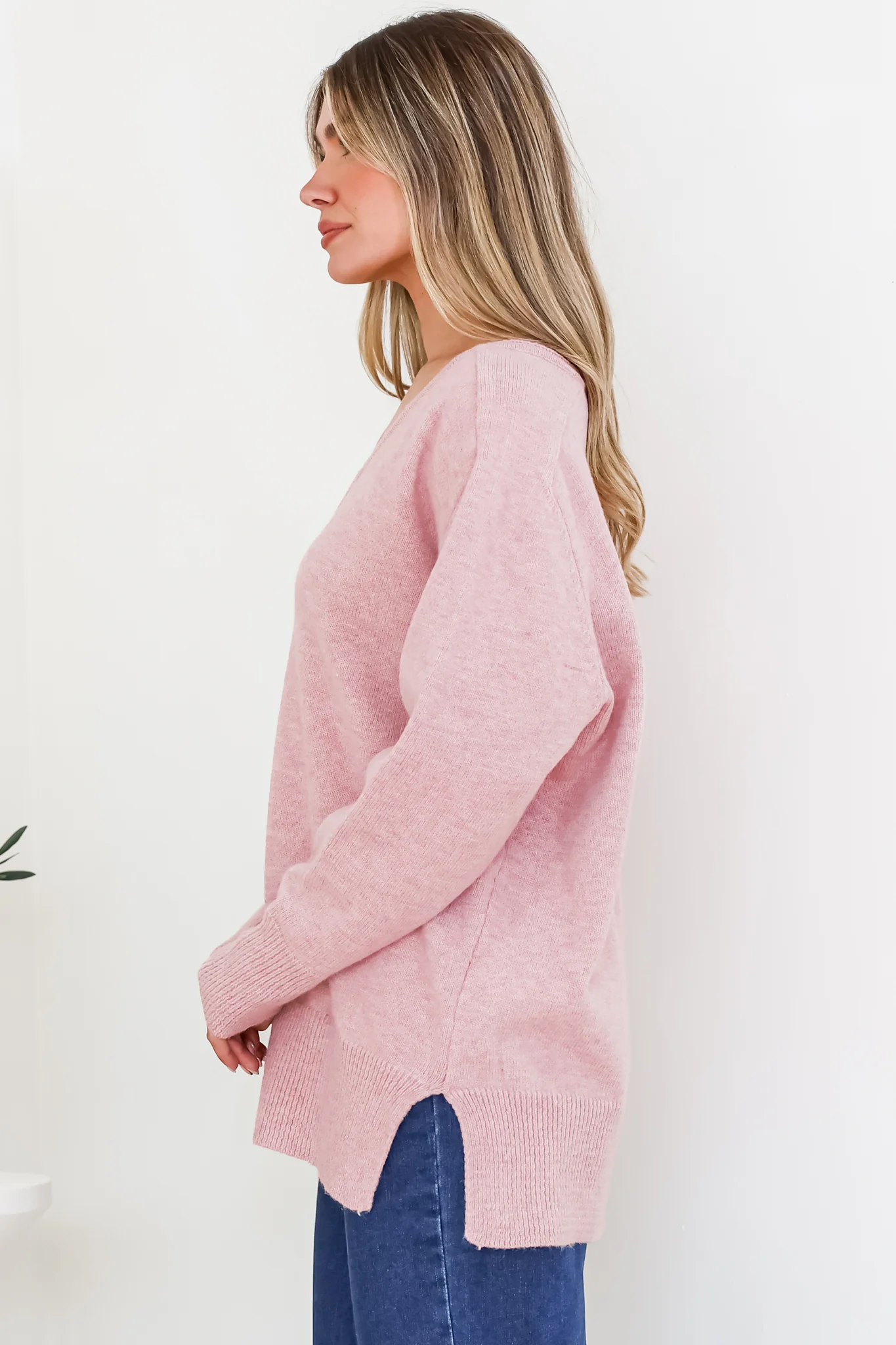 Clarke Jumper - V-Neck Batwing Sleeve Ribbed Step Hemline Knit in Pink - Image 7