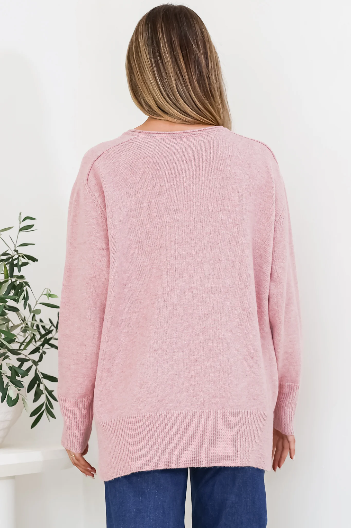 Clarke Jumper - V-Neck Batwing Sleeve Ribbed Step Hemline Knit in Pink - Image 8