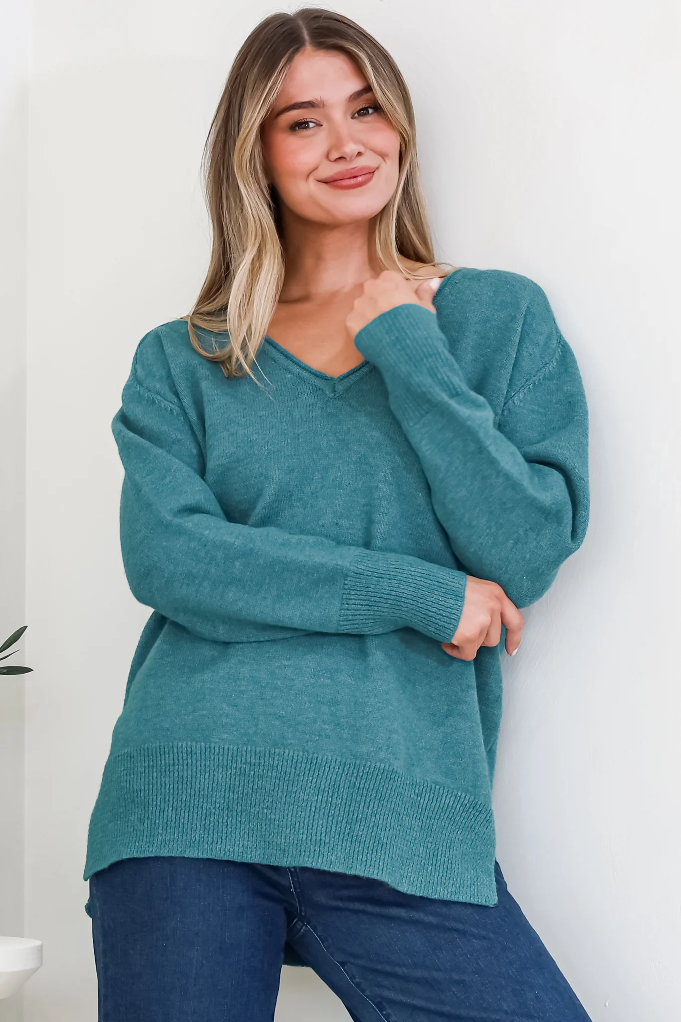 Clarke Jumper - V-Neck Batwing Sleeve Ribbed Step Hemline Knit in Teal - Image 2
