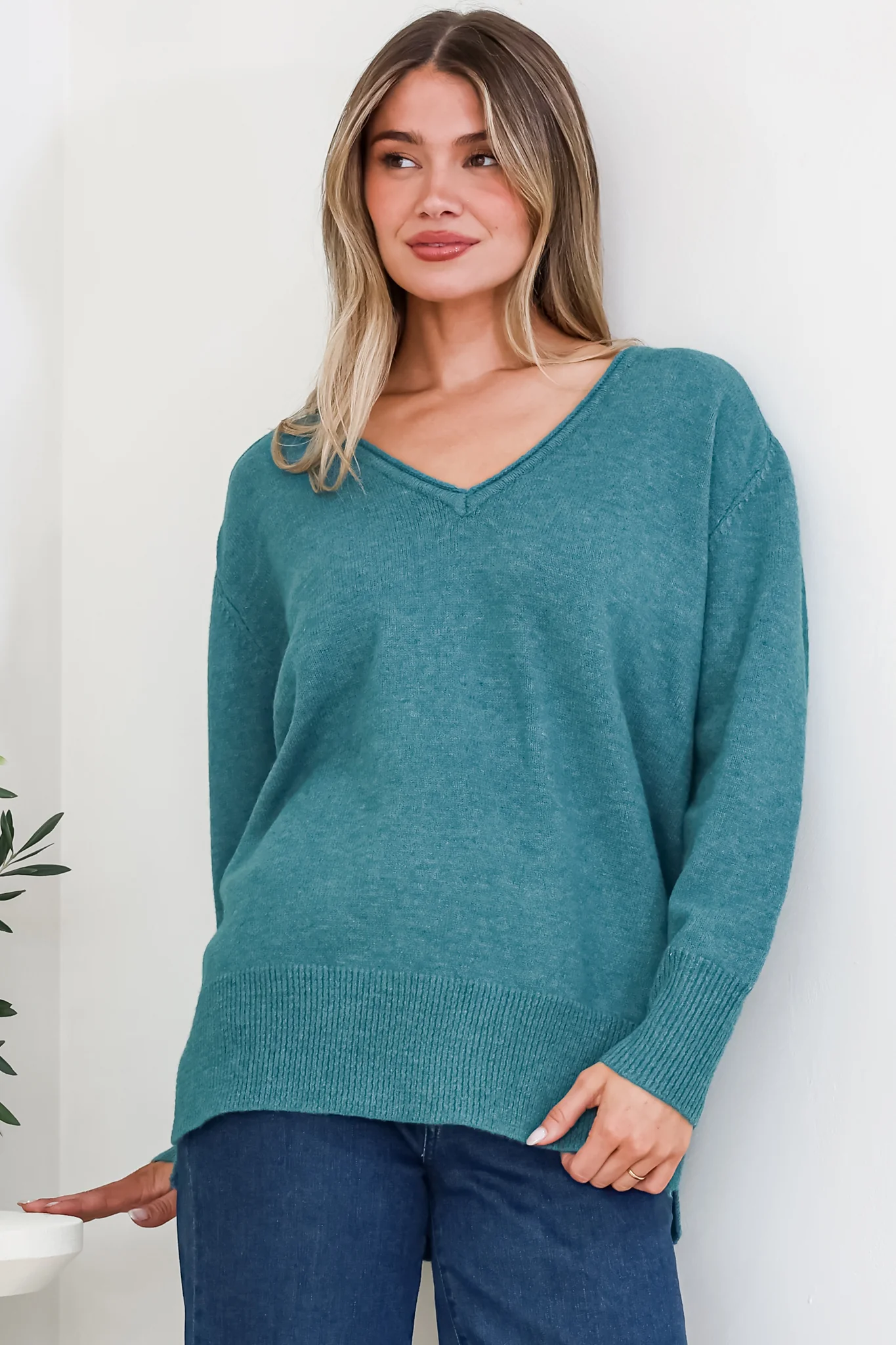 Clarke Jumper - V-Neck Batwing Sleeve Ribbed Step Hemline Knit in Teal - Image 4