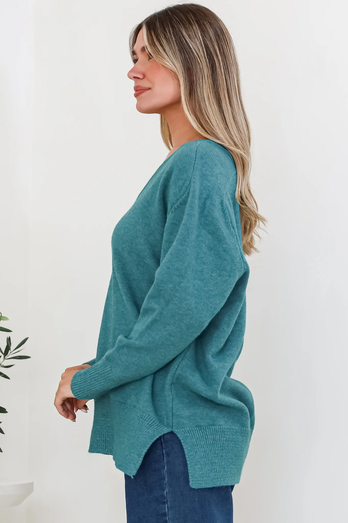 Clarke Jumper - V-Neck Batwing Sleeve Ribbed Step Hemline Knit in Teal - Image 5
