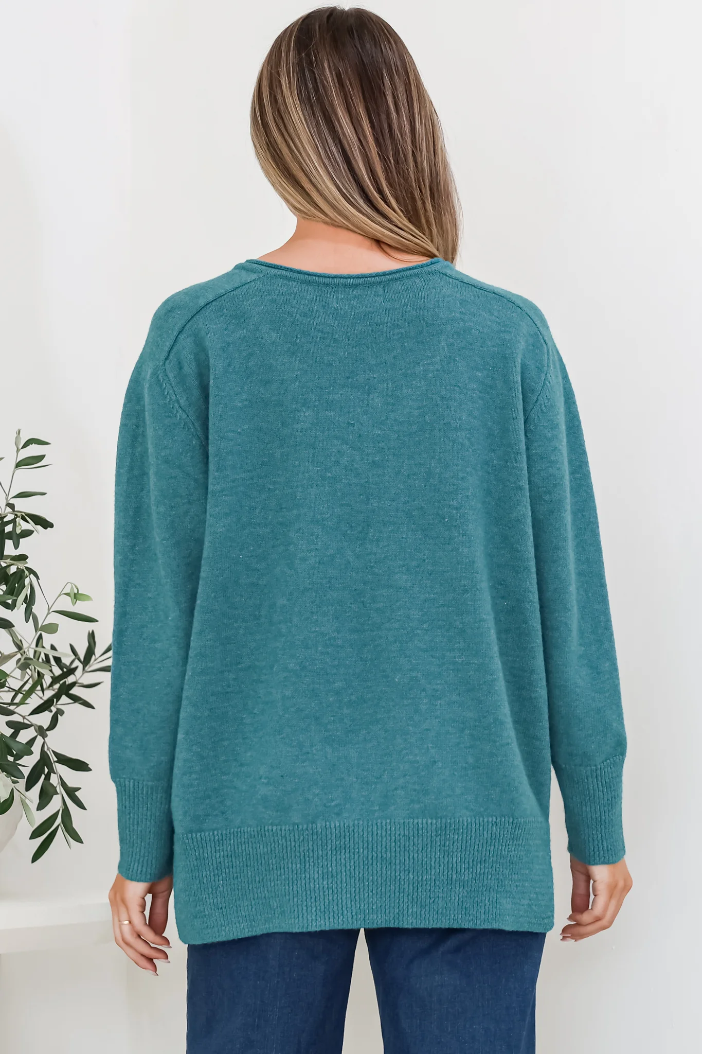 Clarke Jumper - V-Neck Batwing Sleeve Ribbed Step Hemline Knit in Teal - Image 6