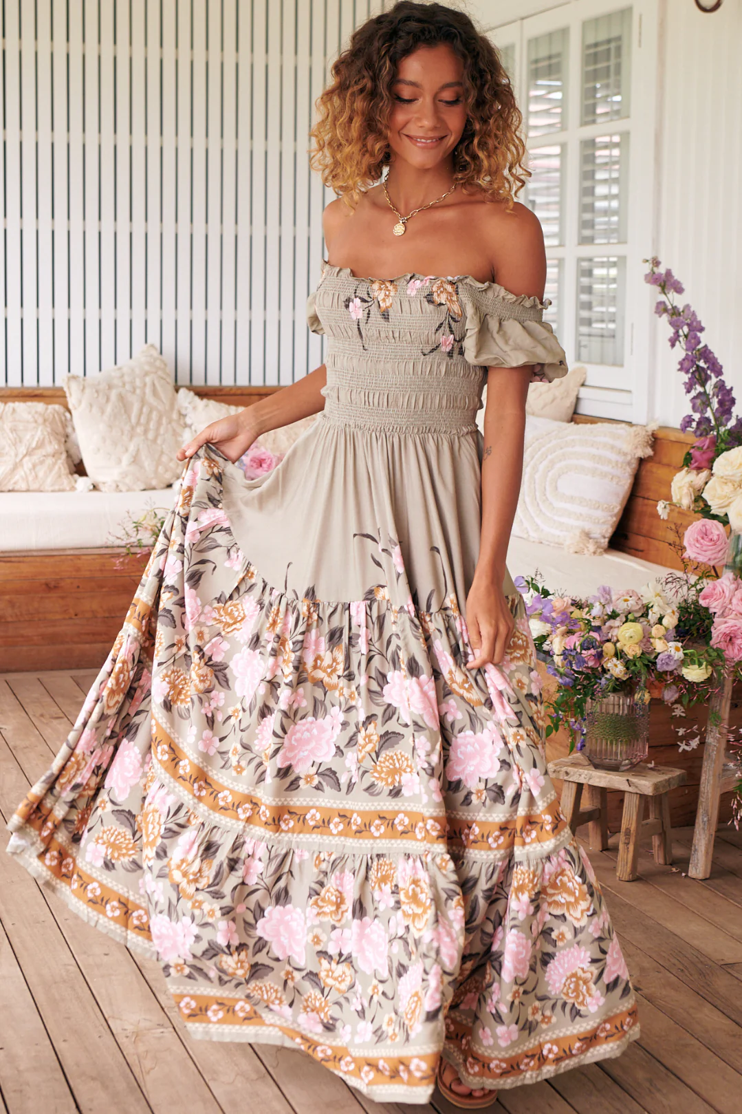 JAASE - Claudette Maxi Dress: On or Off Shoulder Elasticated Bodice Short Balloon Sleeve Dress in Adore You Print - Image 2