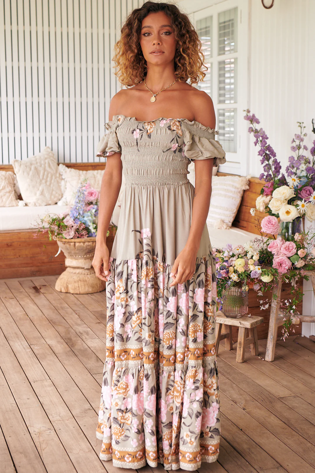 JAASE - Claudette Maxi Dress: On or Off Shoulder Elasticated Bodice Short Balloon Sleeve Dress in Adore You Print - Image 3