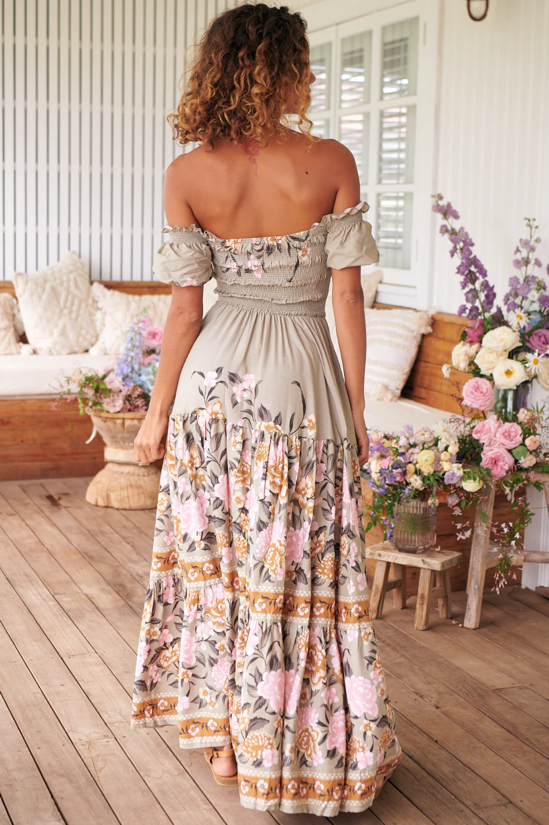JAASE - Claudette Maxi Dress: On or Off Shoulder Elasticated Bodice Short Balloon Sleeve Dress in Adore You Print - Image 6