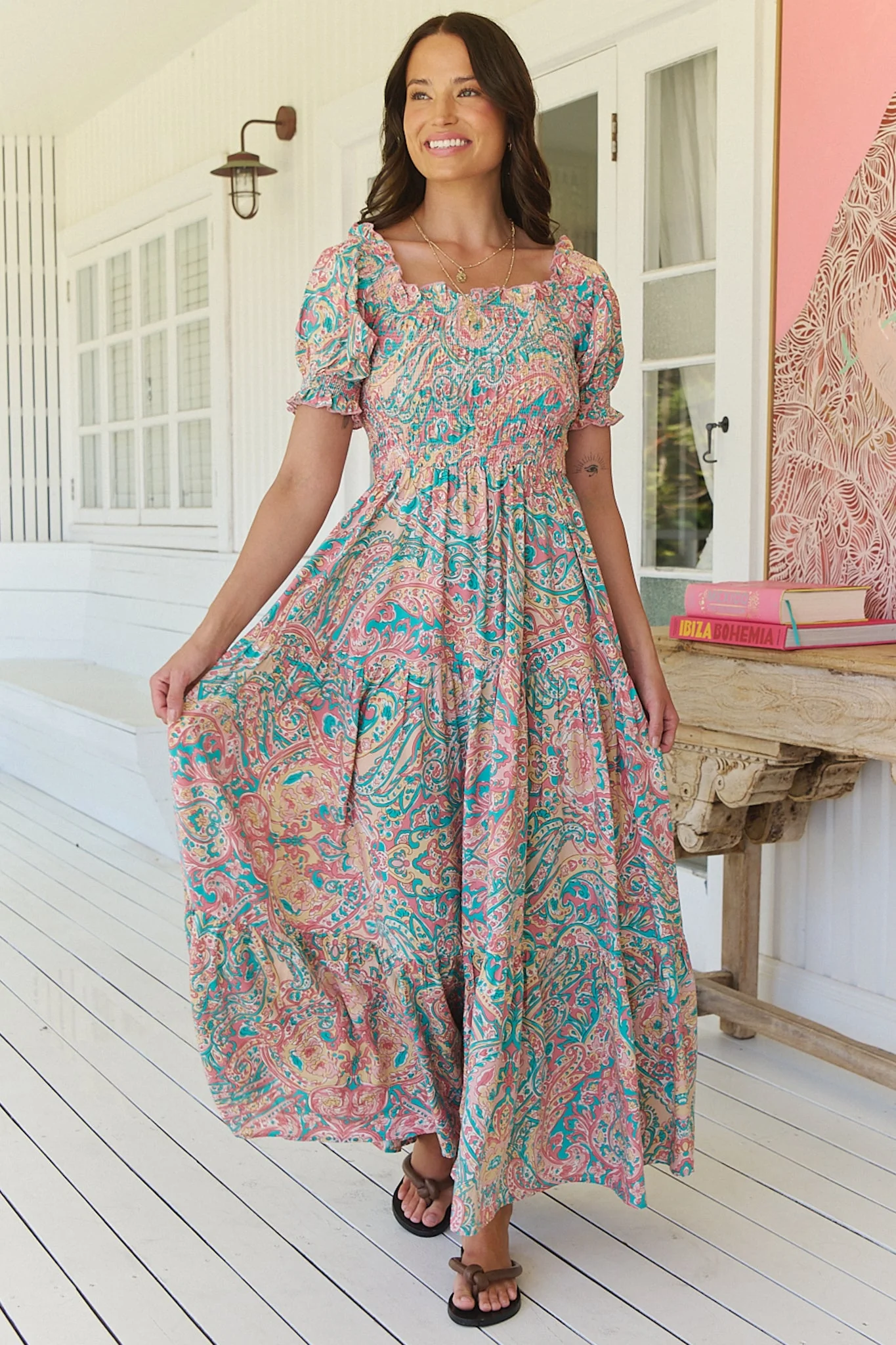 JAASE - Claudette Maxi Dress: On or Off Shoulder Elasticated Bodice Short Balloon Sleeve Dress in Ocean Lullaby Print - Image 2