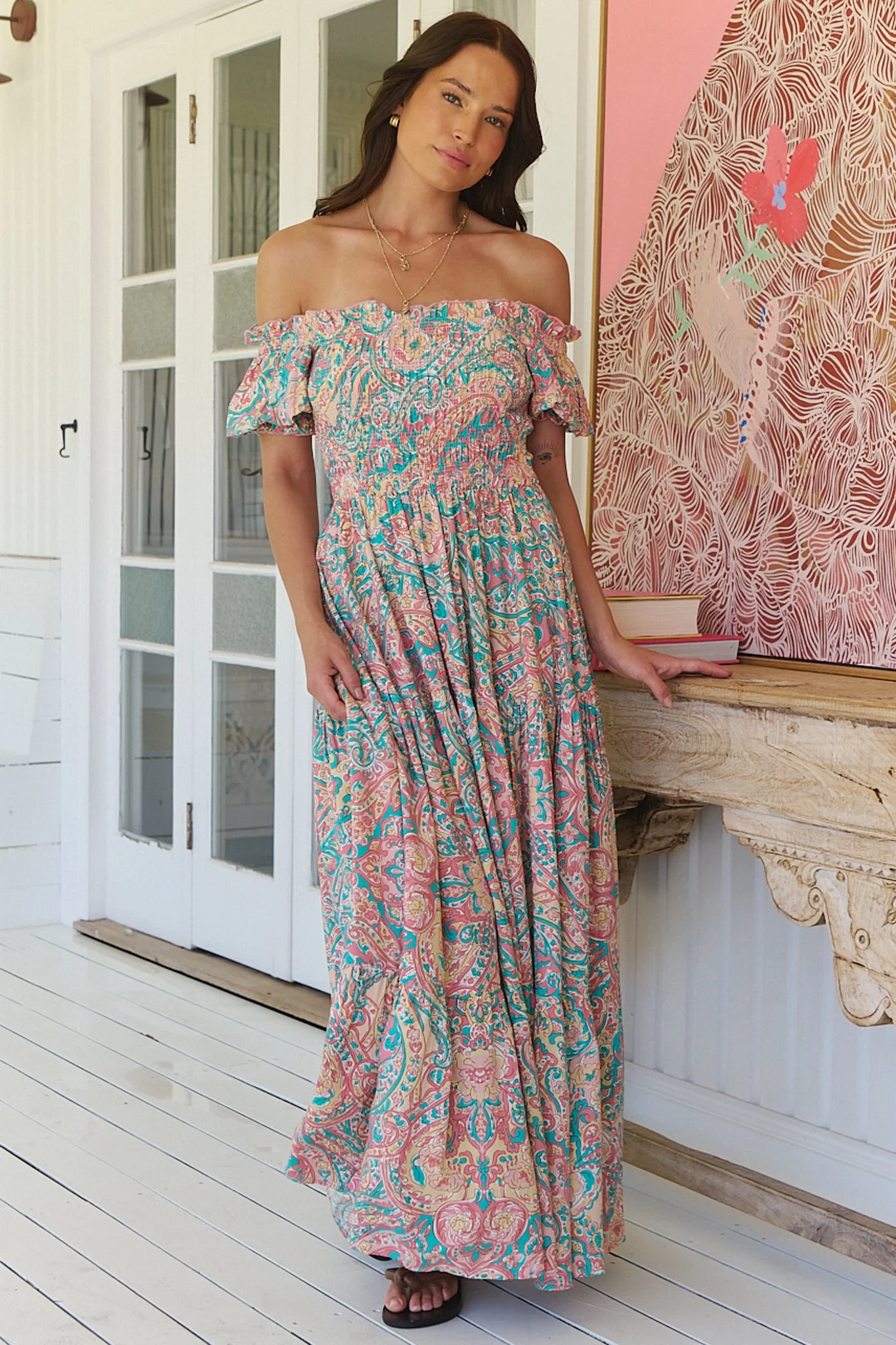 JAASE - Claudette Maxi Dress: On or Off Shoulder Elasticated Bodice Short Balloon Sleeve Dress in Ocean Lullaby Print - Image 3
