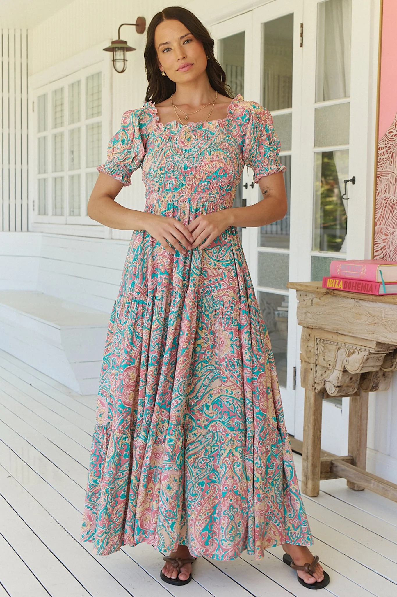 JAASE - Claudette Maxi Dress: On or Off Shoulder Elasticated Bodice Short Balloon Sleeve Dress in Ocean Lullaby Print - Image 4