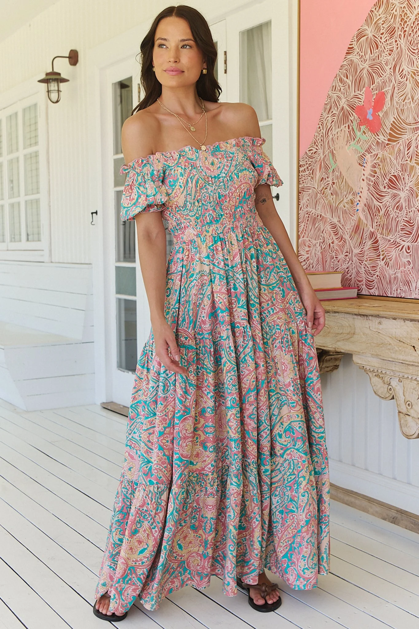 JAASE - Claudette Maxi Dress: On or Off Shoulder Elasticated Bodice Short Balloon Sleeve Dress in Ocean Lullaby Print - Image 6