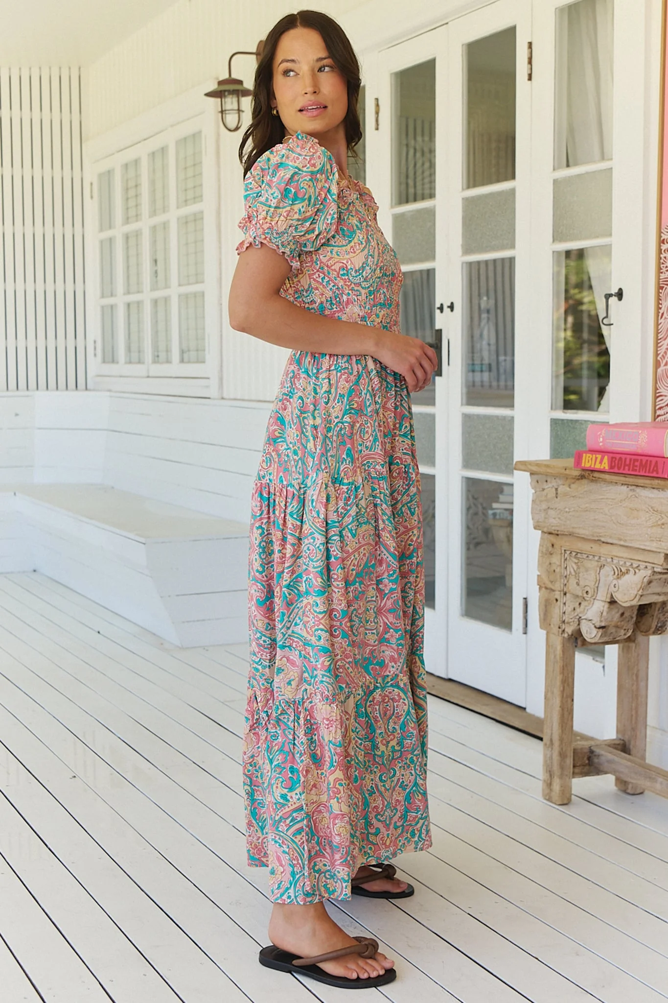 JAASE - Claudette Maxi Dress: On or Off Shoulder Elasticated Bodice Short Balloon Sleeve Dress in Ocean Lullaby Print - Image 7