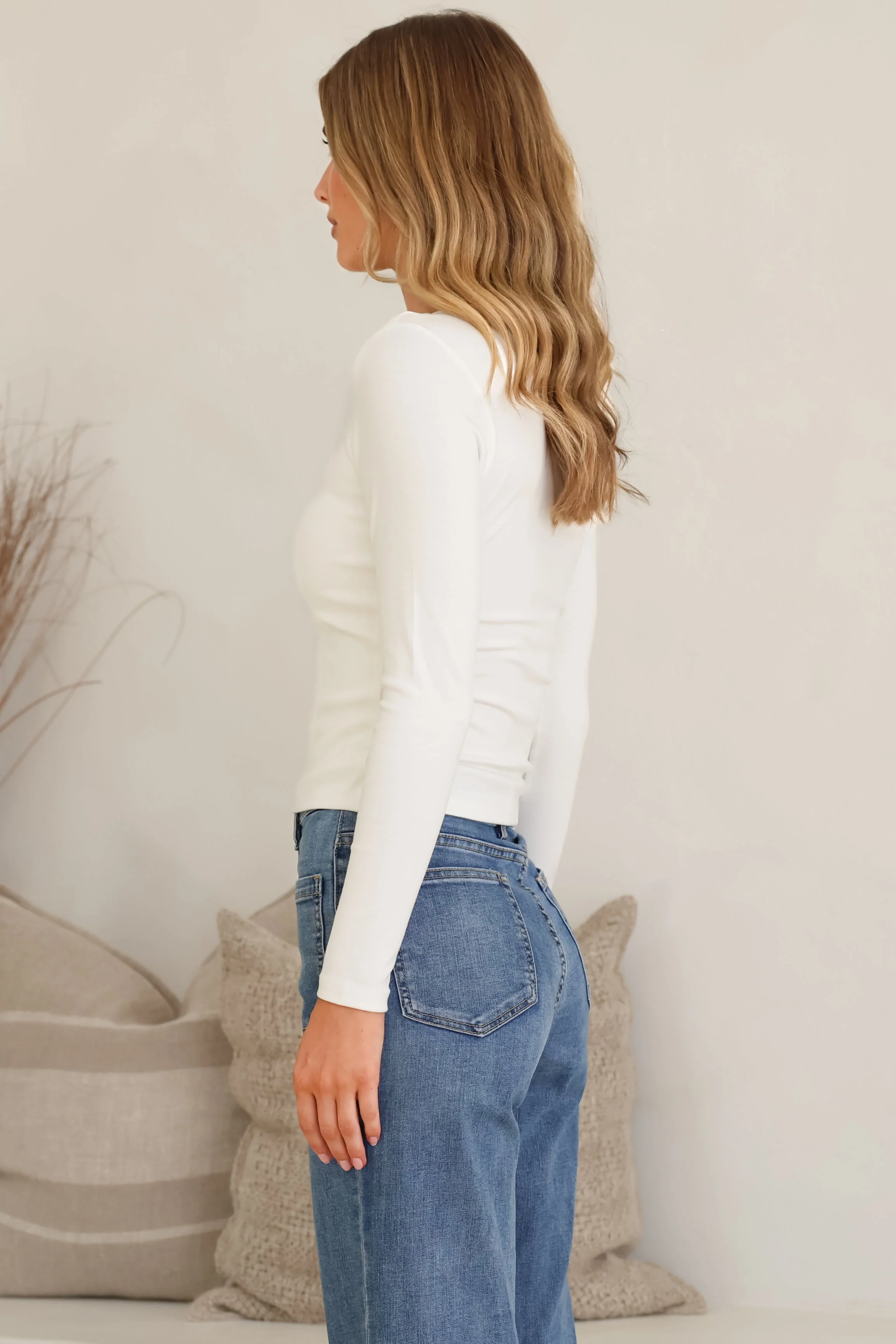 Cohen Top - Soft V Neck Stretchy Basic Top with Long Sleeves in White - Image 7