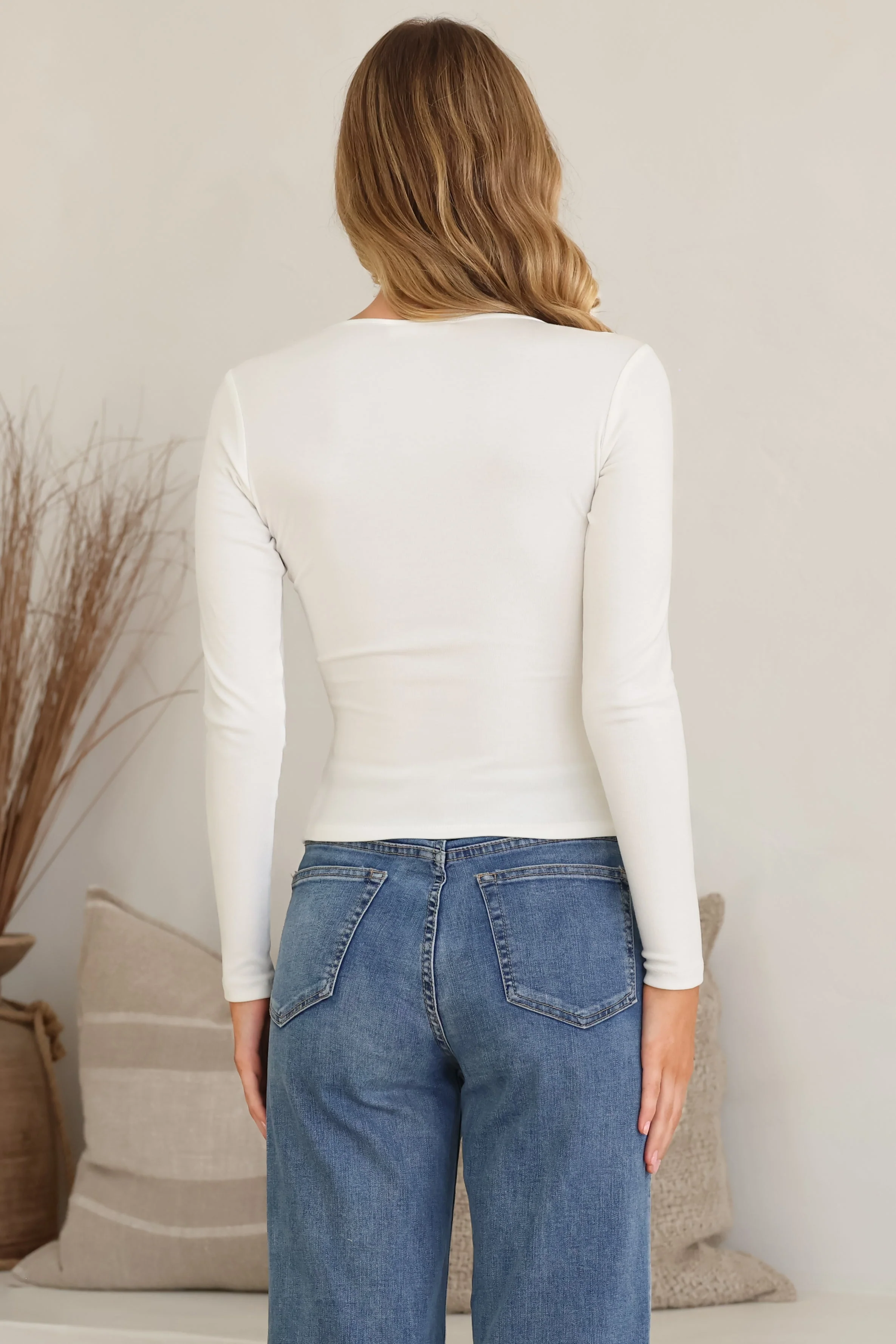 Cohen Top - Soft V Neck Stretchy Basic Top with Long Sleeves in White - Image 8
