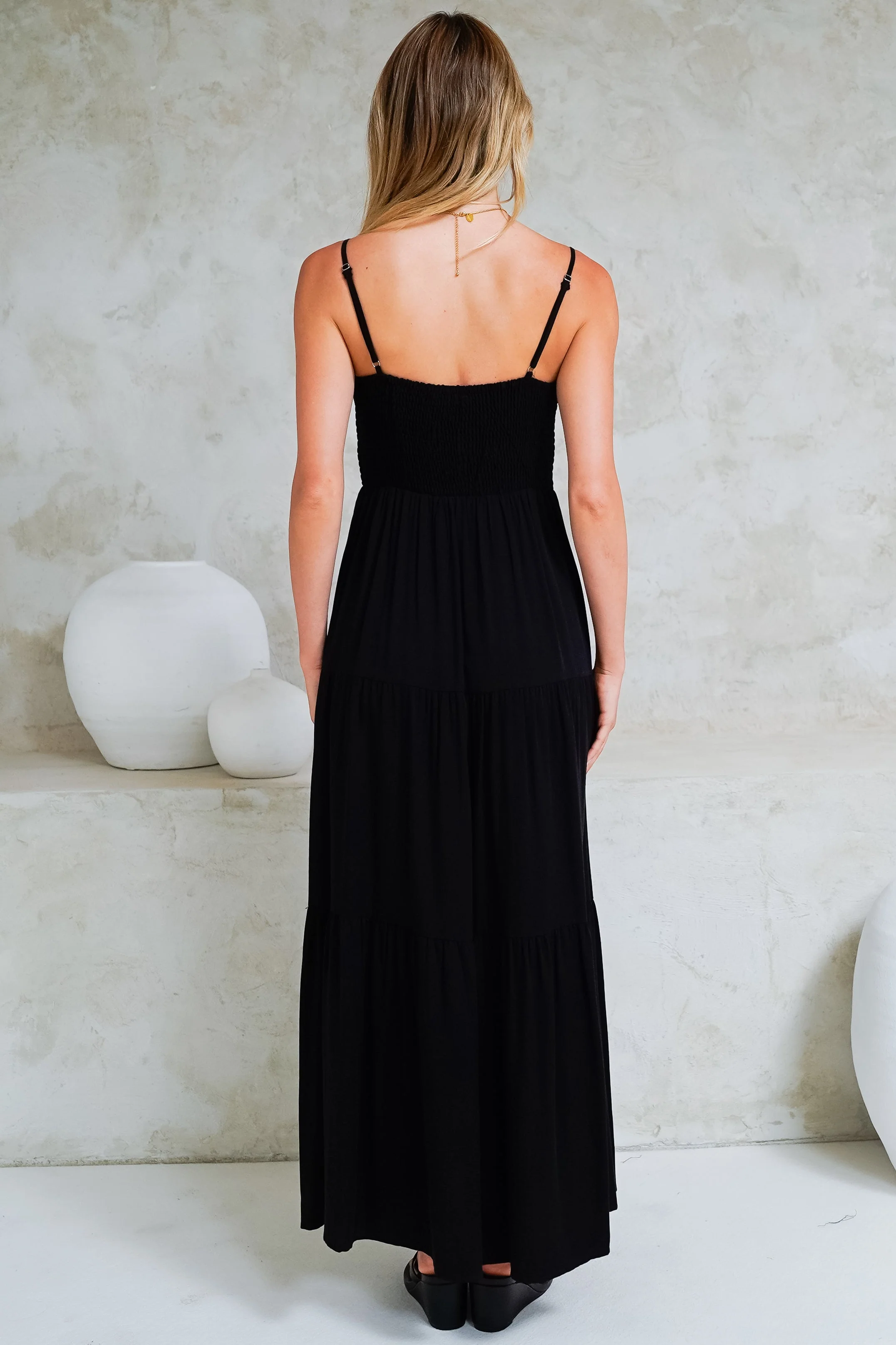 Constantine Maxi Dress - Bow Tie Bust Tiered Sun Dress with Pockets in Black - Image 8