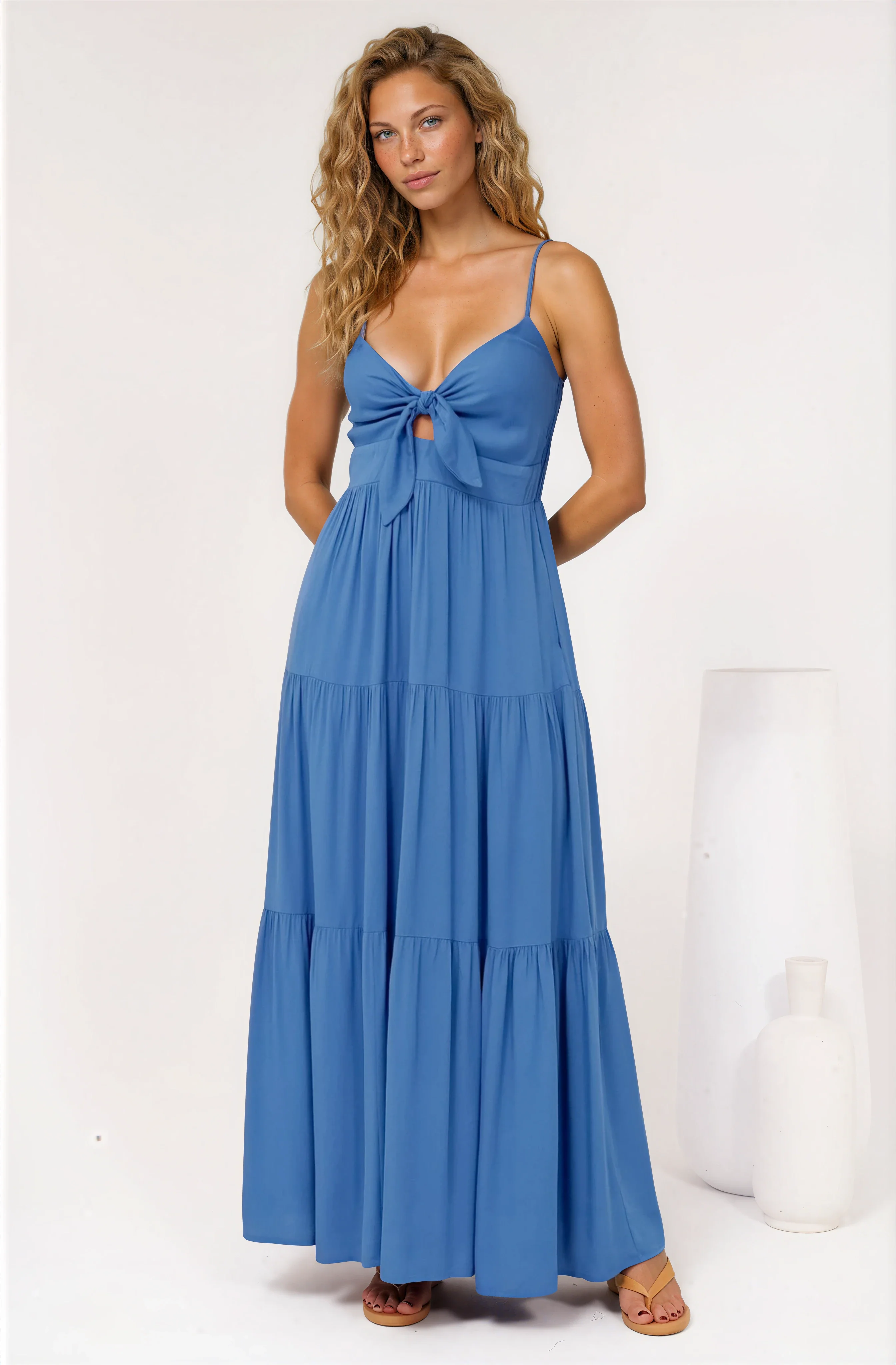 Constantine Maxi Dress - Bow Tie Bust Tiered Sun Dress with Pockets in Blue - Image 2
