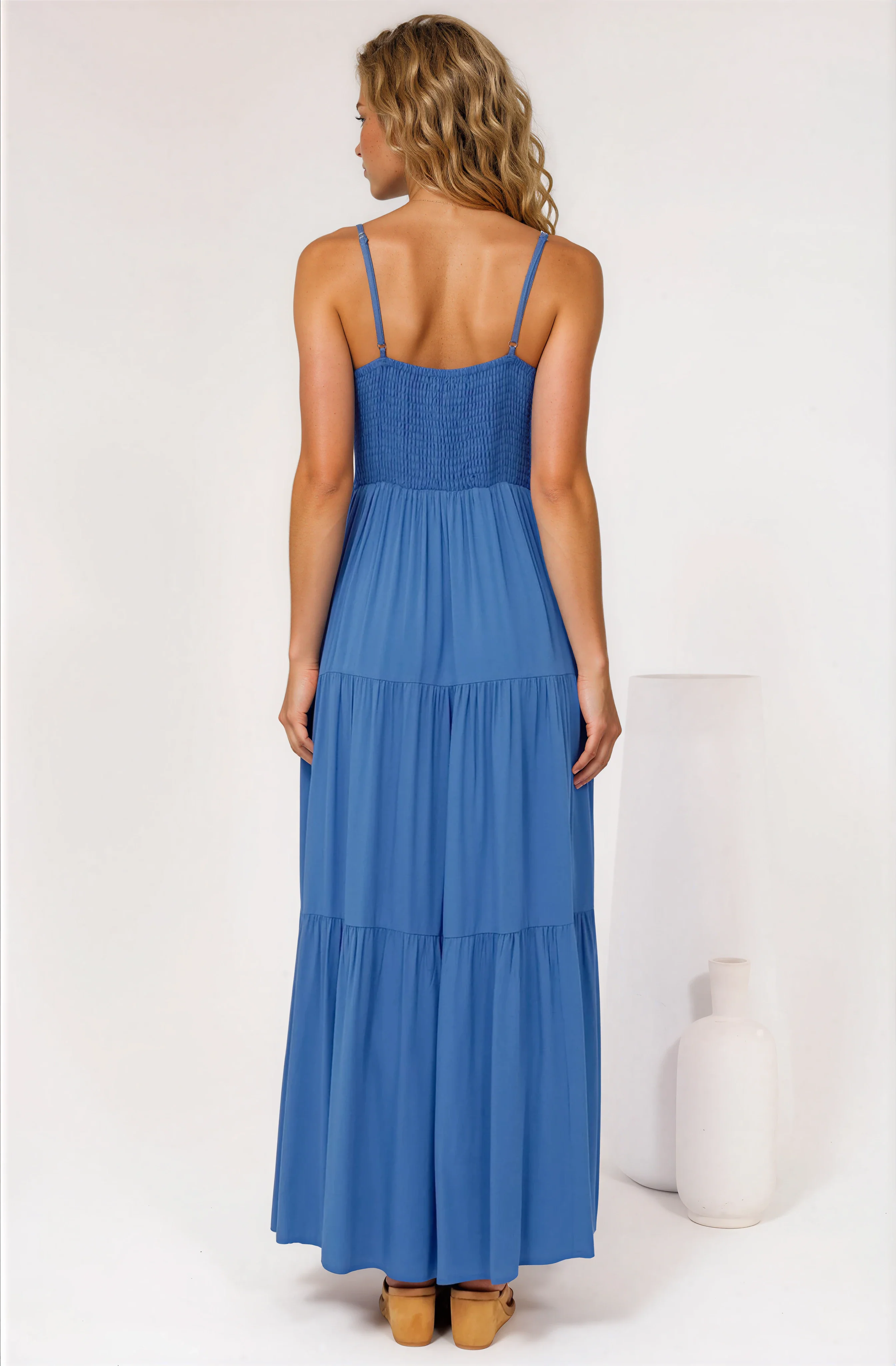 Constantine Maxi Dress - Bow Tie Bust Tiered Sun Dress with Pockets in Blue - Image 5