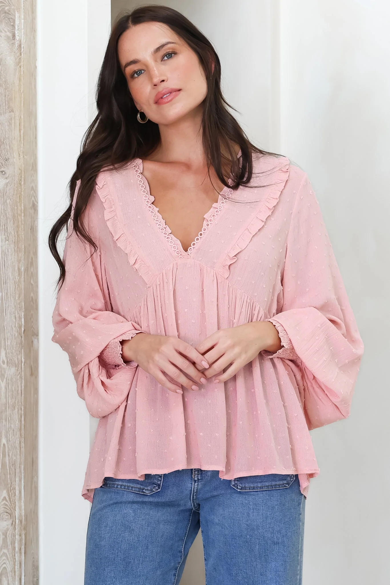 Coral Top - Frill Neckline Empire Bustline Textured Top with Long Balloon Sleeves in Blush - Image 5
