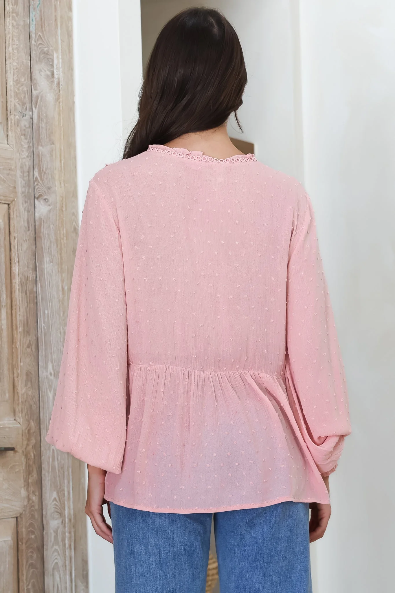 Coral Top - Frill Neckline Empire Bustline Textured Top with Long Balloon Sleeves in Blush - Image 7