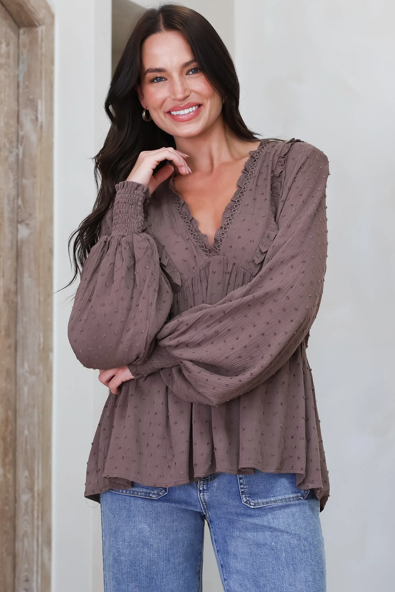 Coral Top - Frill Neckline Empire Bustline Textured Top with Long Balloon Sleeves in Chocolate - Image 3