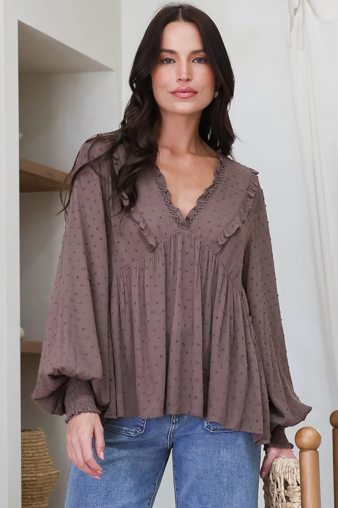 Coral Top - Frill Neckline Empire Bustline Textured Top with Long Balloon Sleeves in Chocolate - Image 4