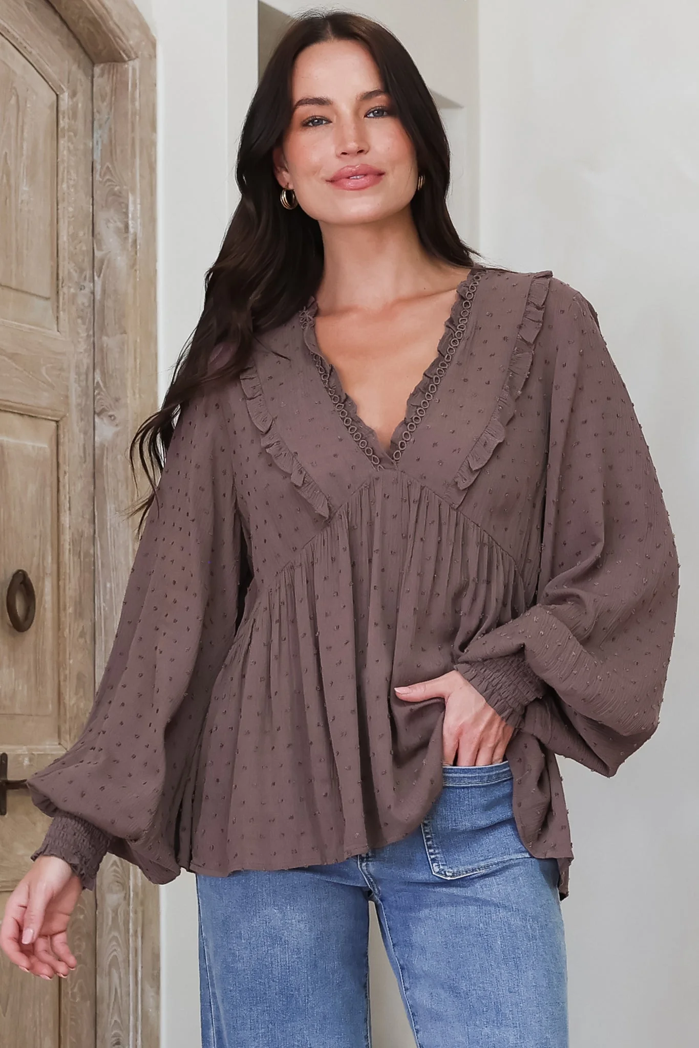 Coral Top - Frill Neckline Empire Bustline Textured Top with Long Balloon Sleeves in Chocolate - Image 5