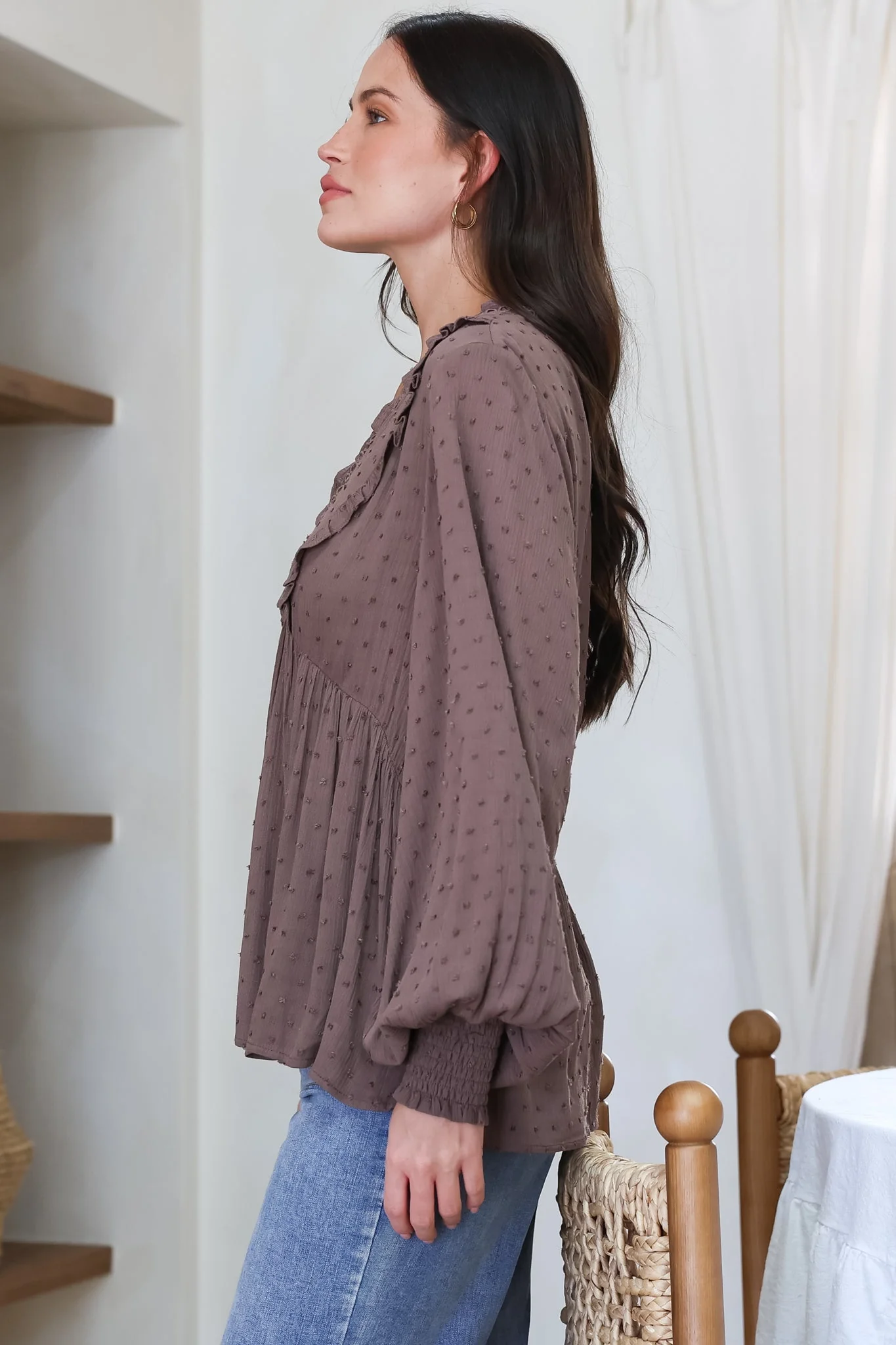 Coral Top - Frill Neckline Empire Bustline Textured Top with Long Balloon Sleeves in Chocolate - Image 7