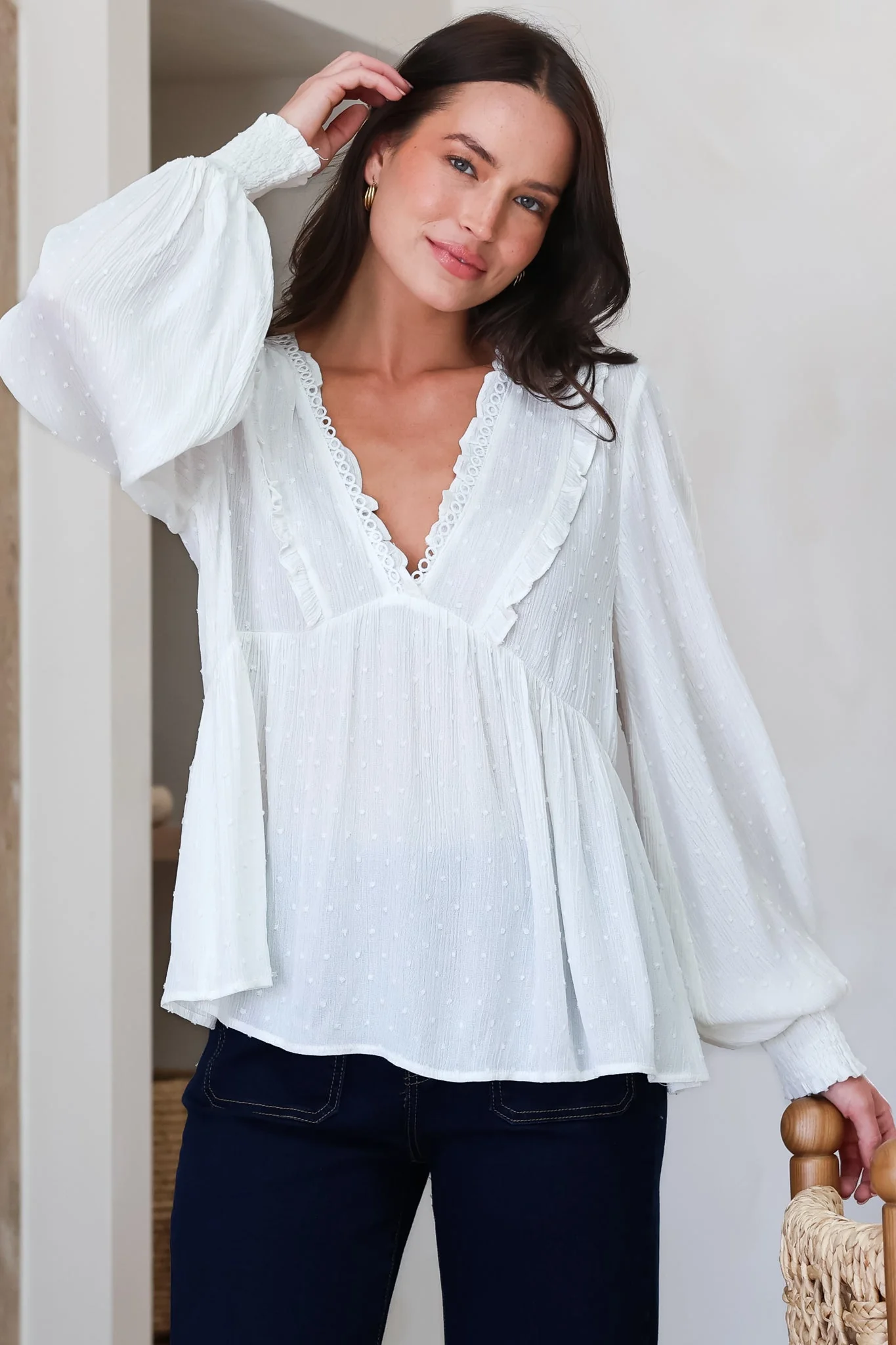 Coral Top - Frill Neckline Empire Bustline Textured Top with Long Balloon Sleeves in White