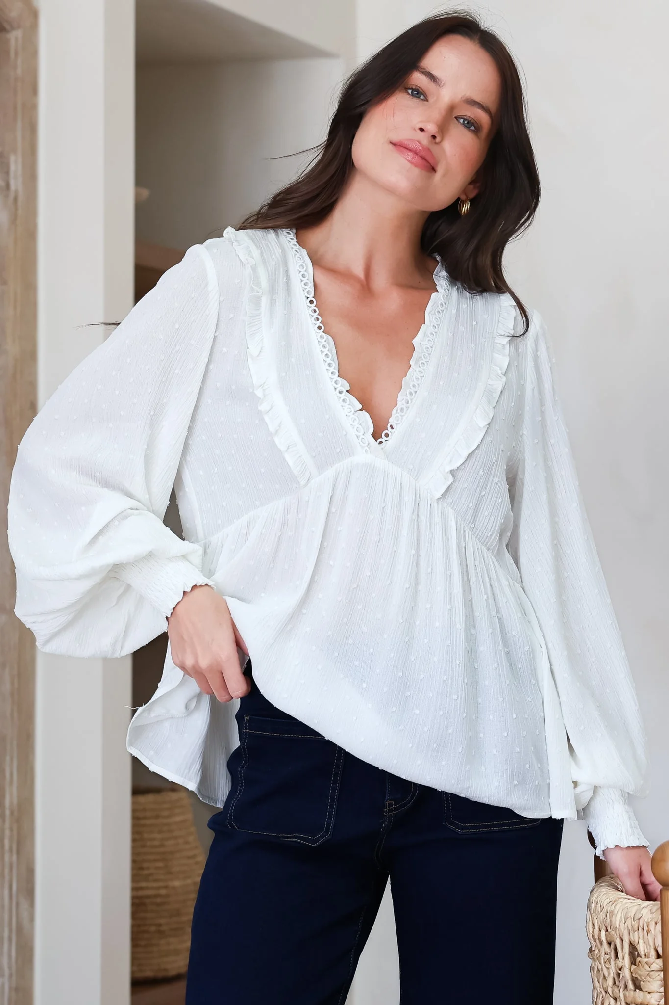 Coral Top - Frill Neckline Empire Bustline Textured Top with Long Balloon Sleeves in White - Image 4