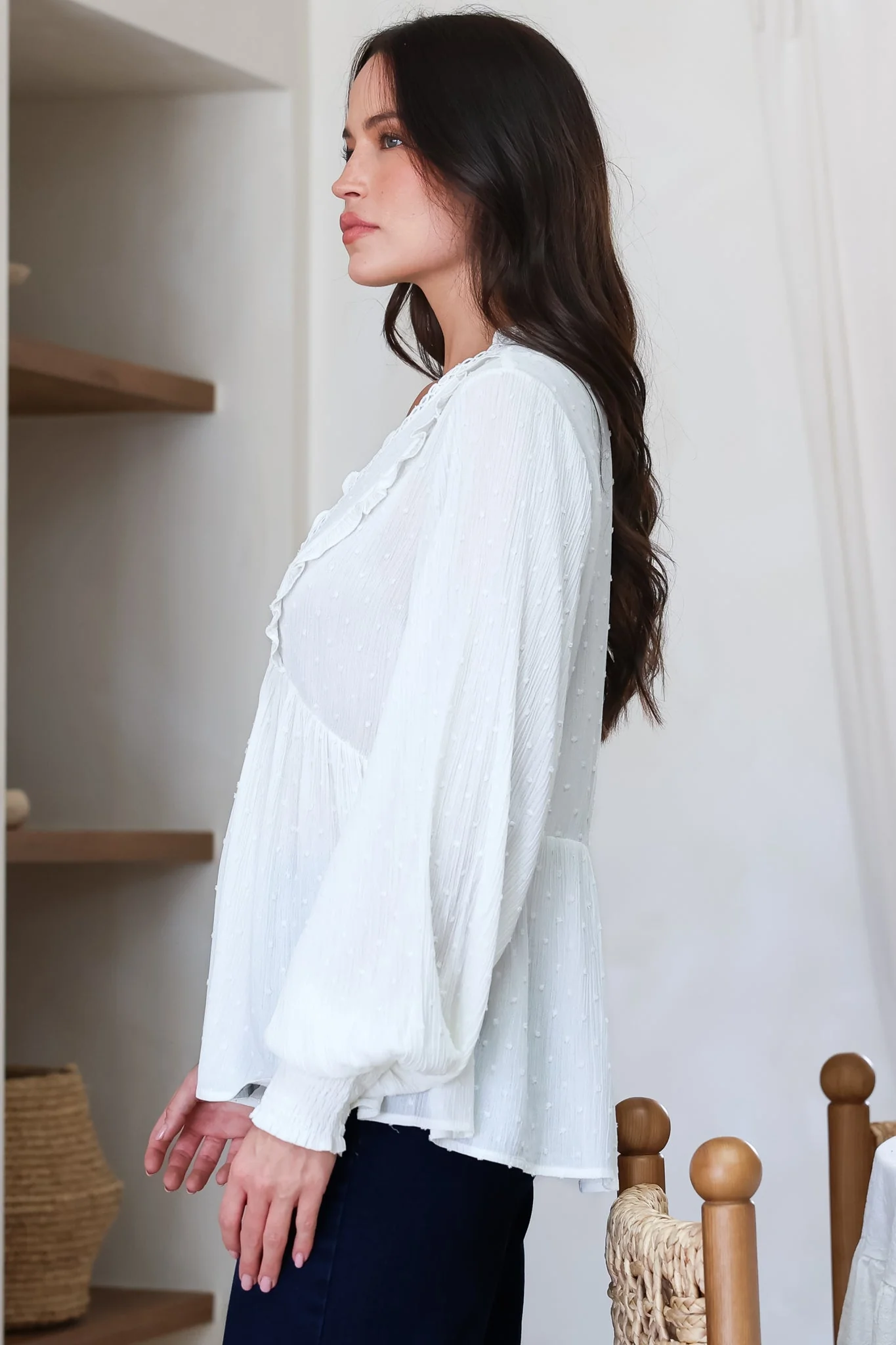 Coral Top - Frill Neckline Empire Bustline Textured Top with Long Balloon Sleeves in White - Image 6