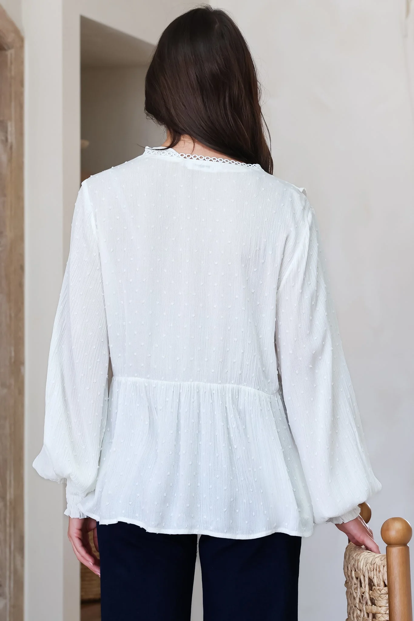 Coral Top - Frill Neckline Empire Bustline Textured Top with Long Balloon Sleeves in White - Image 7