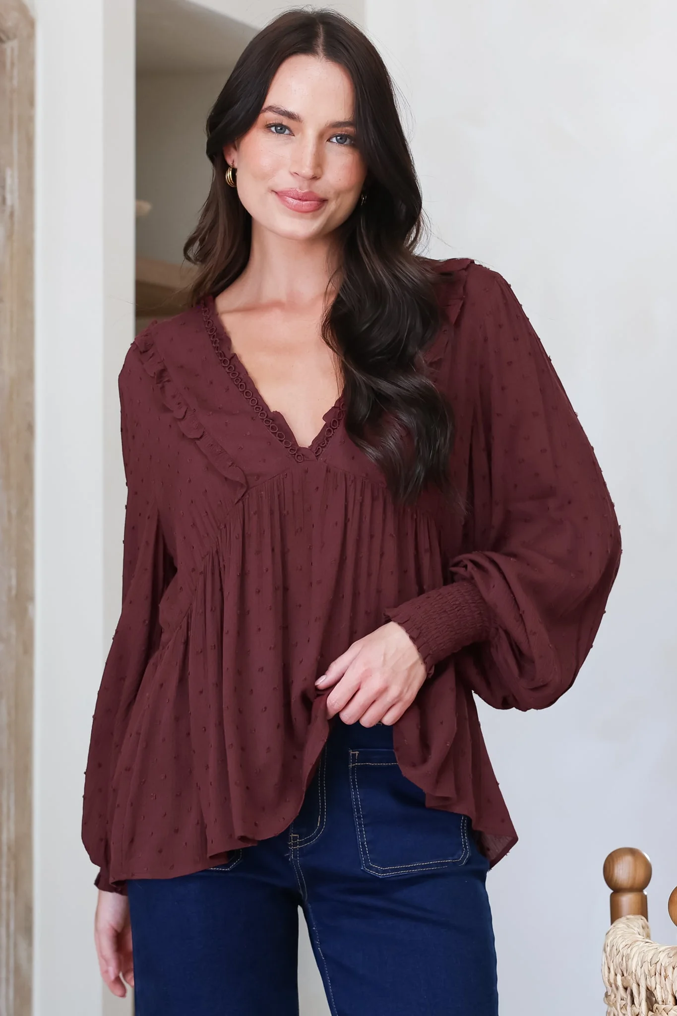 Coral Top - Frill Neckline Empire Bustline Textured Top with Long Balloon Sleeves in Wine