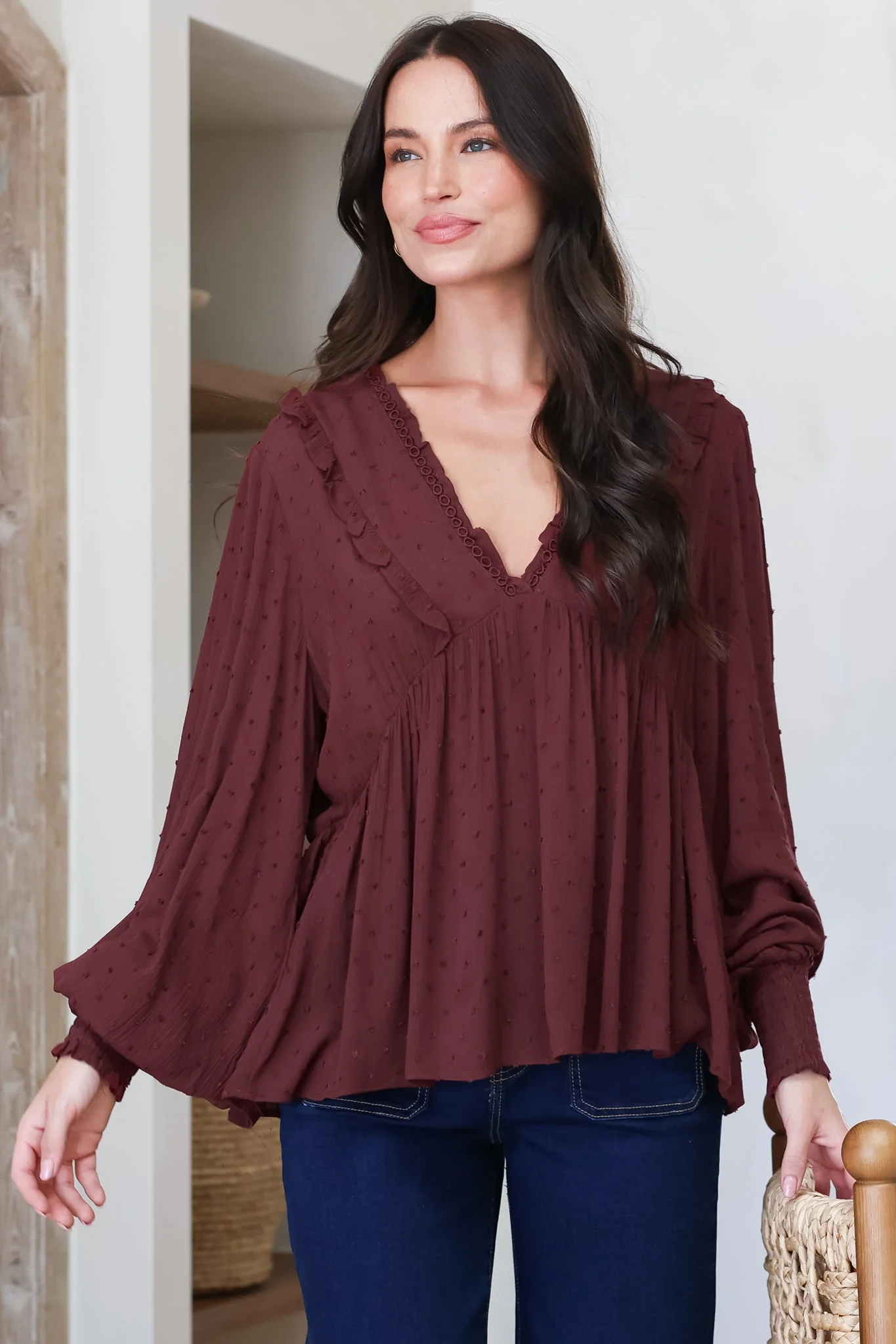Coral Top - Frill Neckline Empire Bustline Textured Top with Long Balloon Sleeves in Wine - Image 2