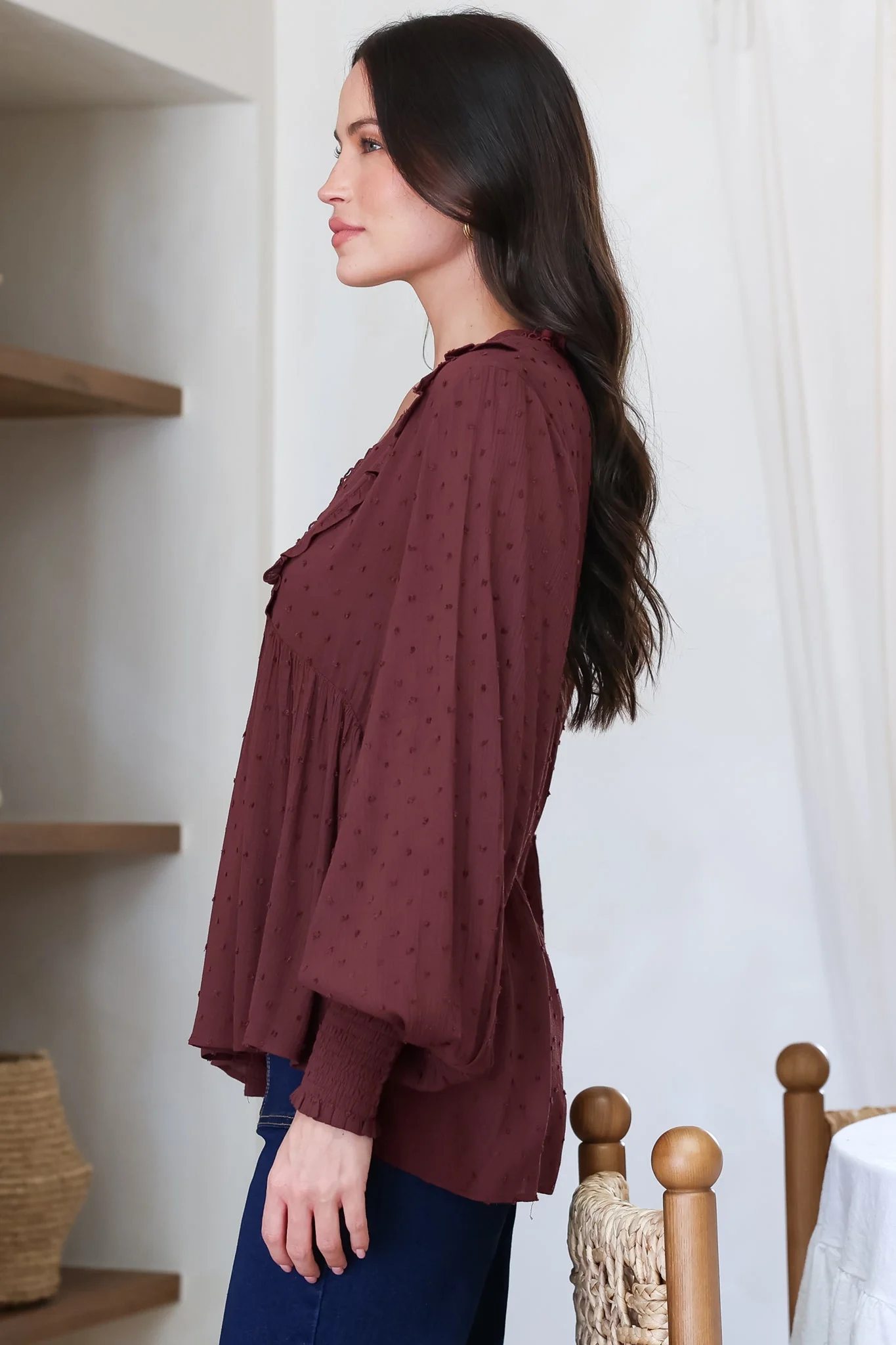 Coral Top - Frill Neckline Empire Bustline Textured Top with Long Balloon Sleeves in Wine - Image 6