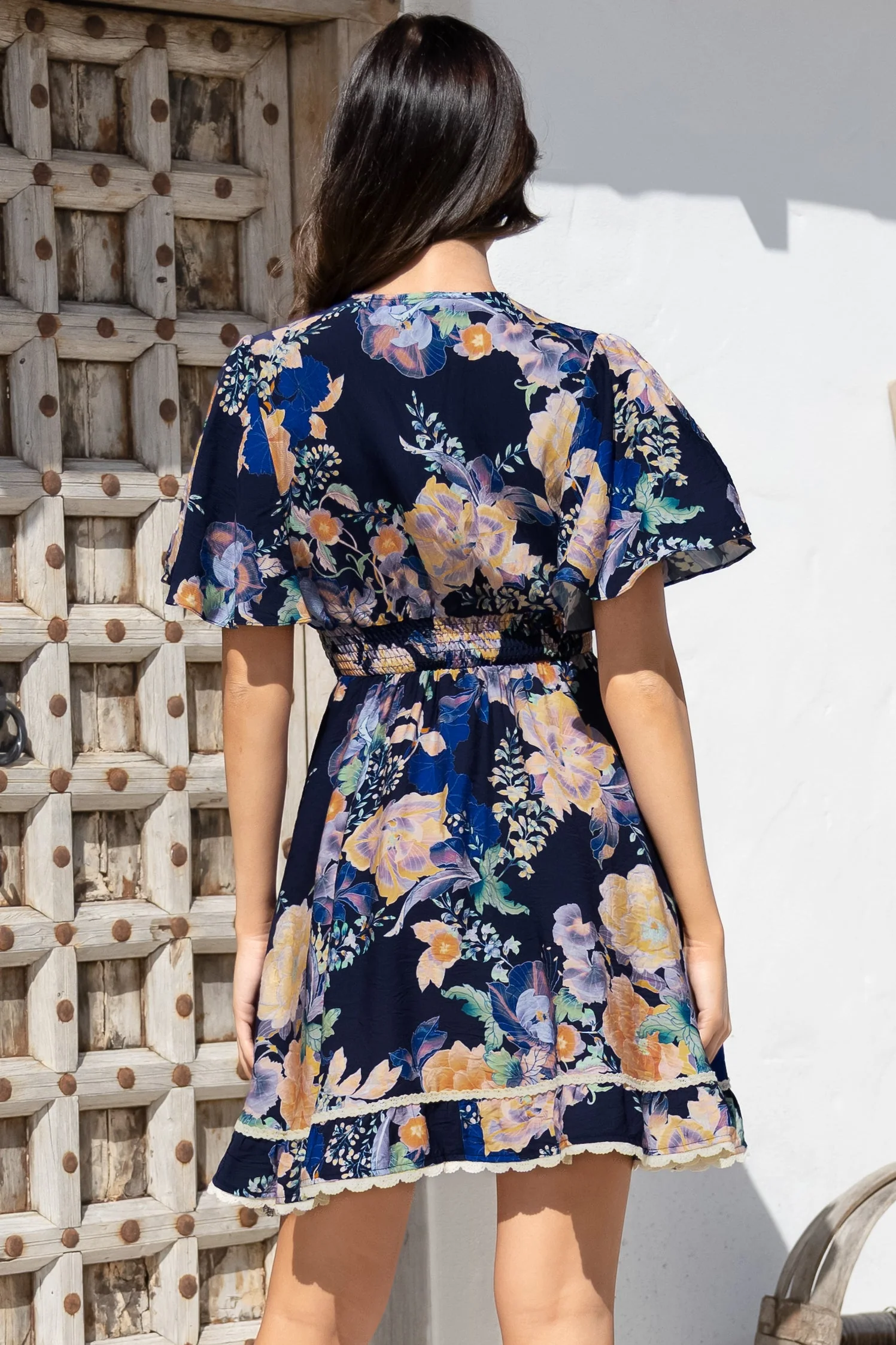 Corina Mini Dress - Lace Trim Button Down Dress with Flutter Sleeves in Ana Print Navy - Image 10