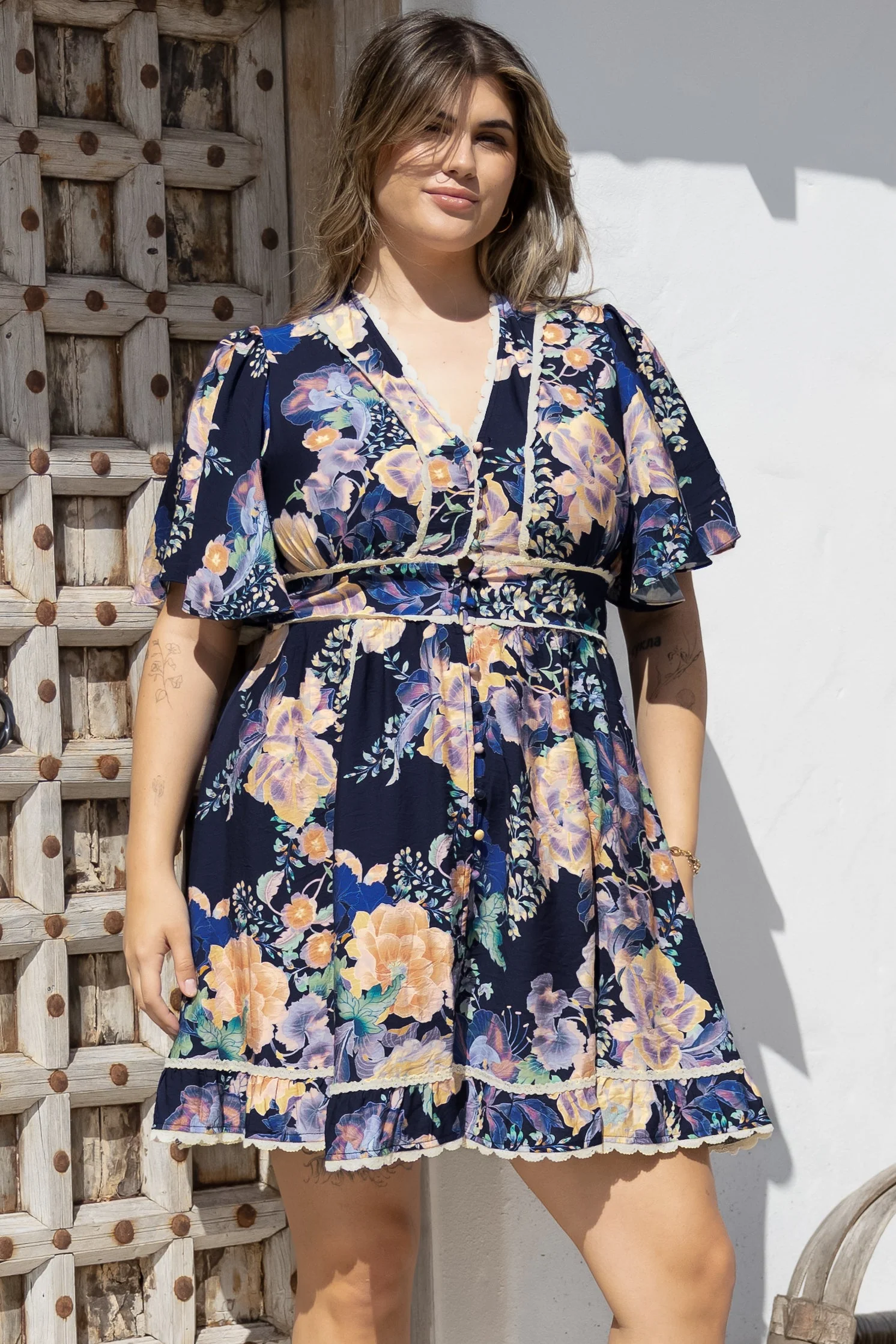 Corina Mini Dress - Lace Trim Button Down Dress with Flutter Sleeves in Ana Print Navy - Image 2