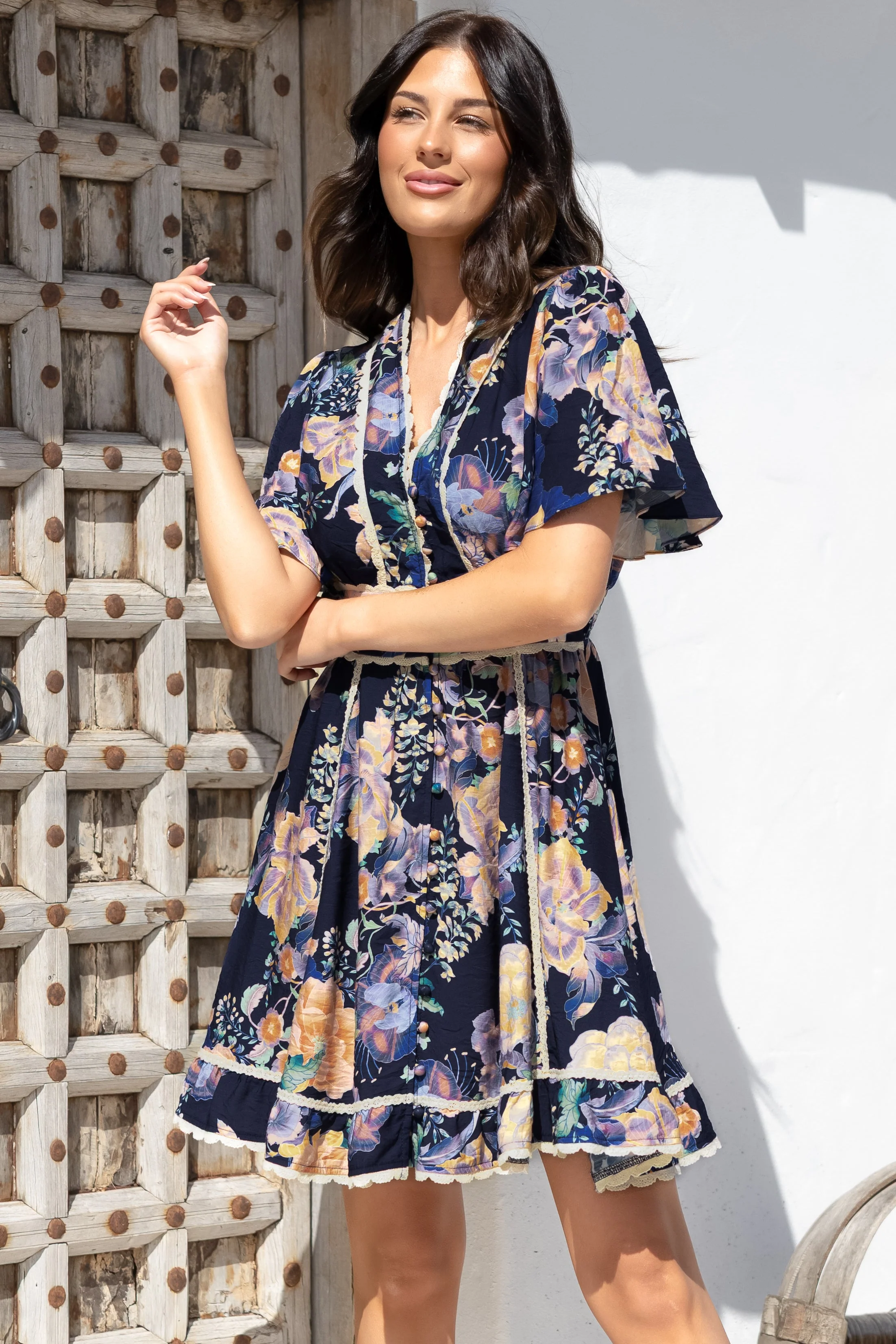 Corina Mini Dress - Lace Trim Button Down Dress with Flutter Sleeves in Ana Print Navy - Image 4