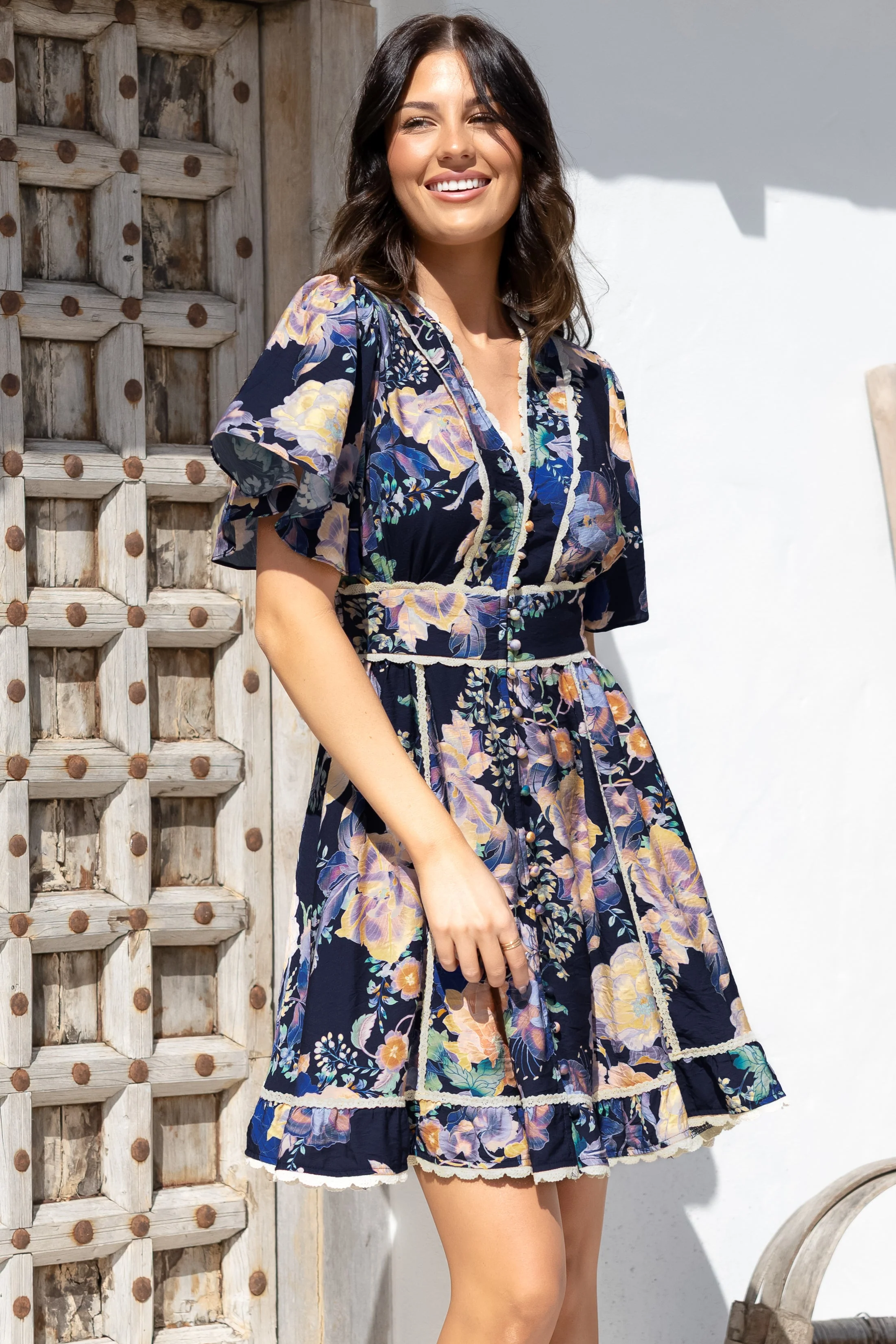 Corina Mini Dress - Lace Trim Button Down Dress with Flutter Sleeves in Ana Print Navy - Image 5