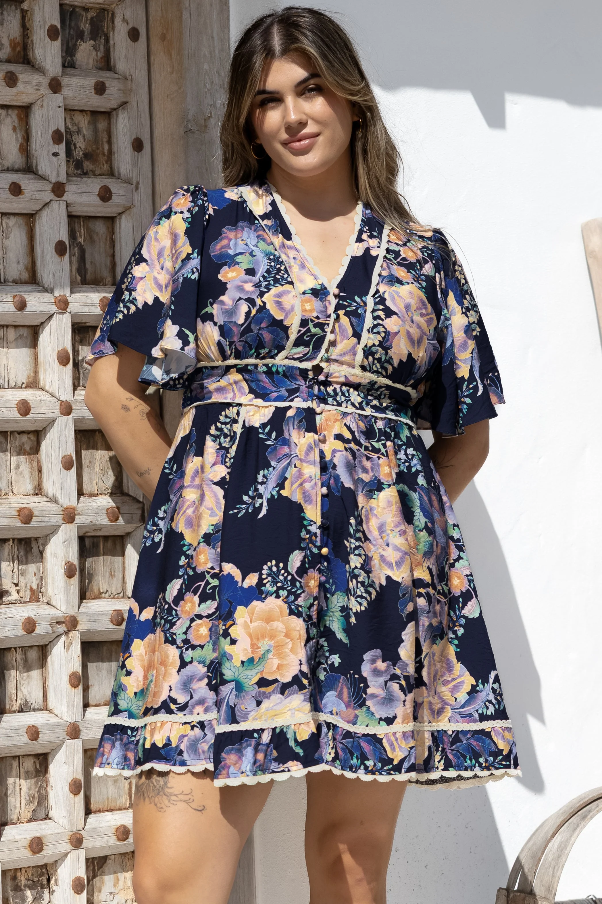 Corina Mini Dress - Lace Trim Button Down Dress with Flutter Sleeves in Ana Print Navy - Image 6