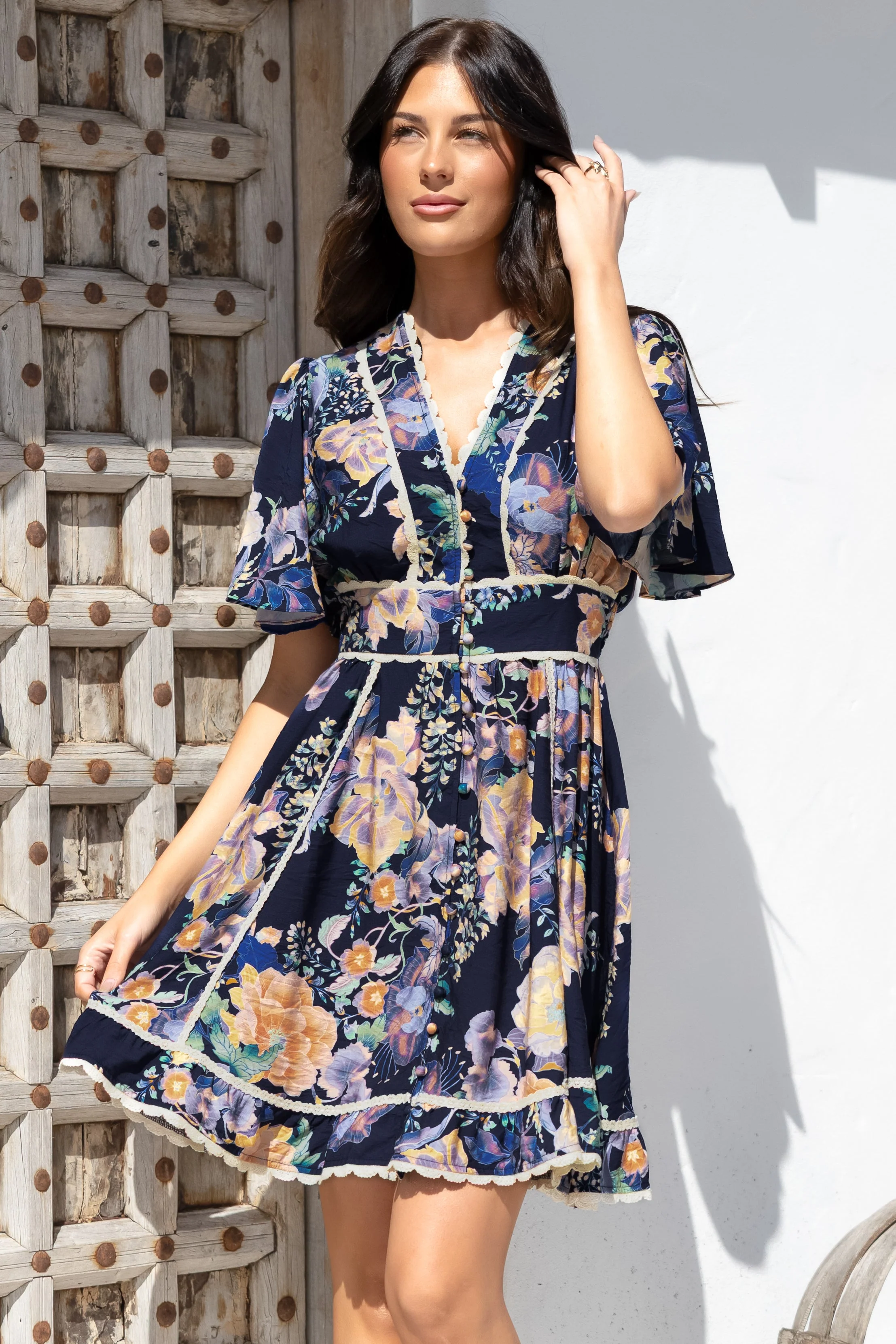 Corina Mini Dress - Lace Trim Button Down Dress with Flutter Sleeves in Ana Print Navy - Image 7