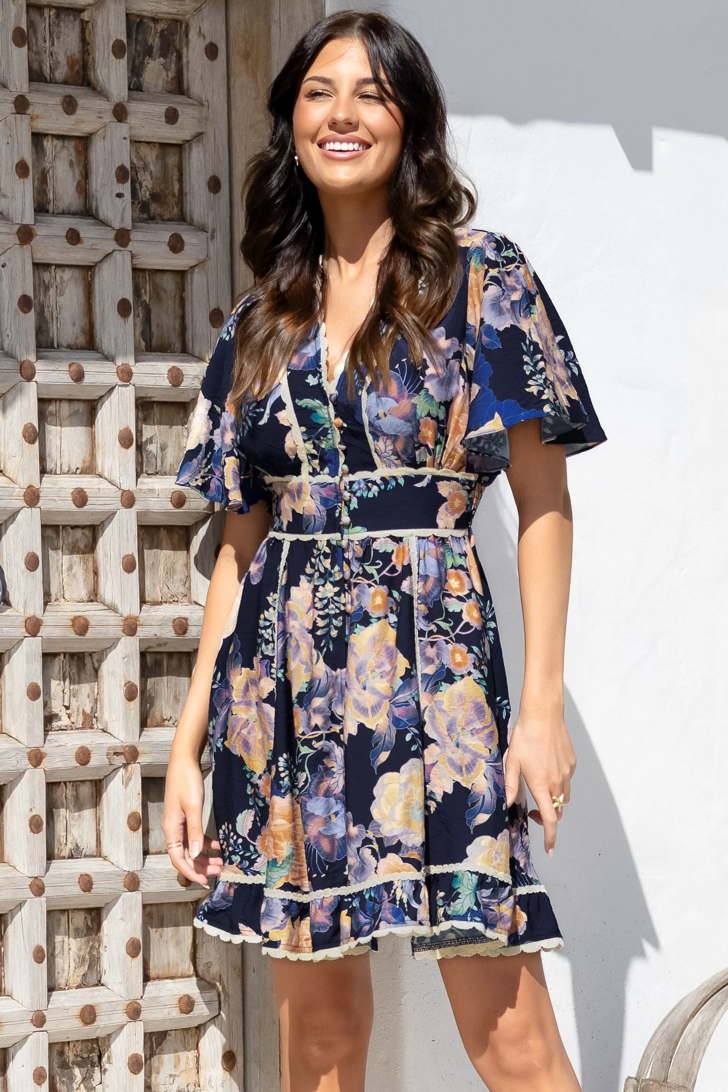 Corina Mini Dress - Lace Trim Button Down Dress with Flutter Sleeves in Ana Print Navy - Image 8