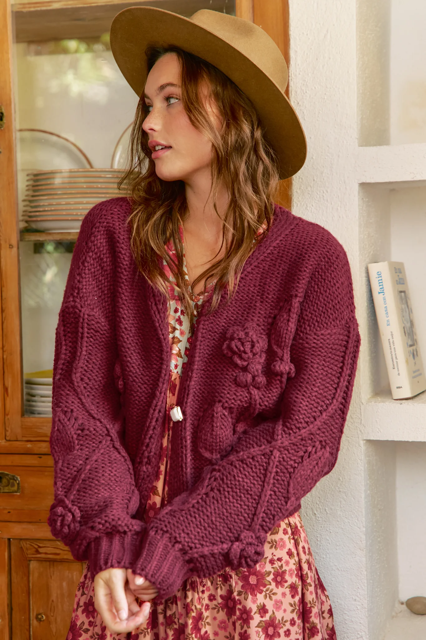 JAASE - Cozy Knit: Floral Motif Chunky Knit Cardigan with Vintage Inspired Buttons in Maroon - Image 3