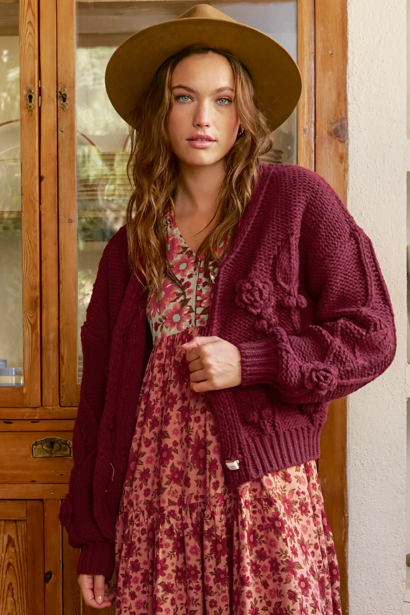 JAASE - Cozy Knit: Floral Motif Chunky Knit Cardigan with Vintage Inspired Buttons in Maroon - Image 6
