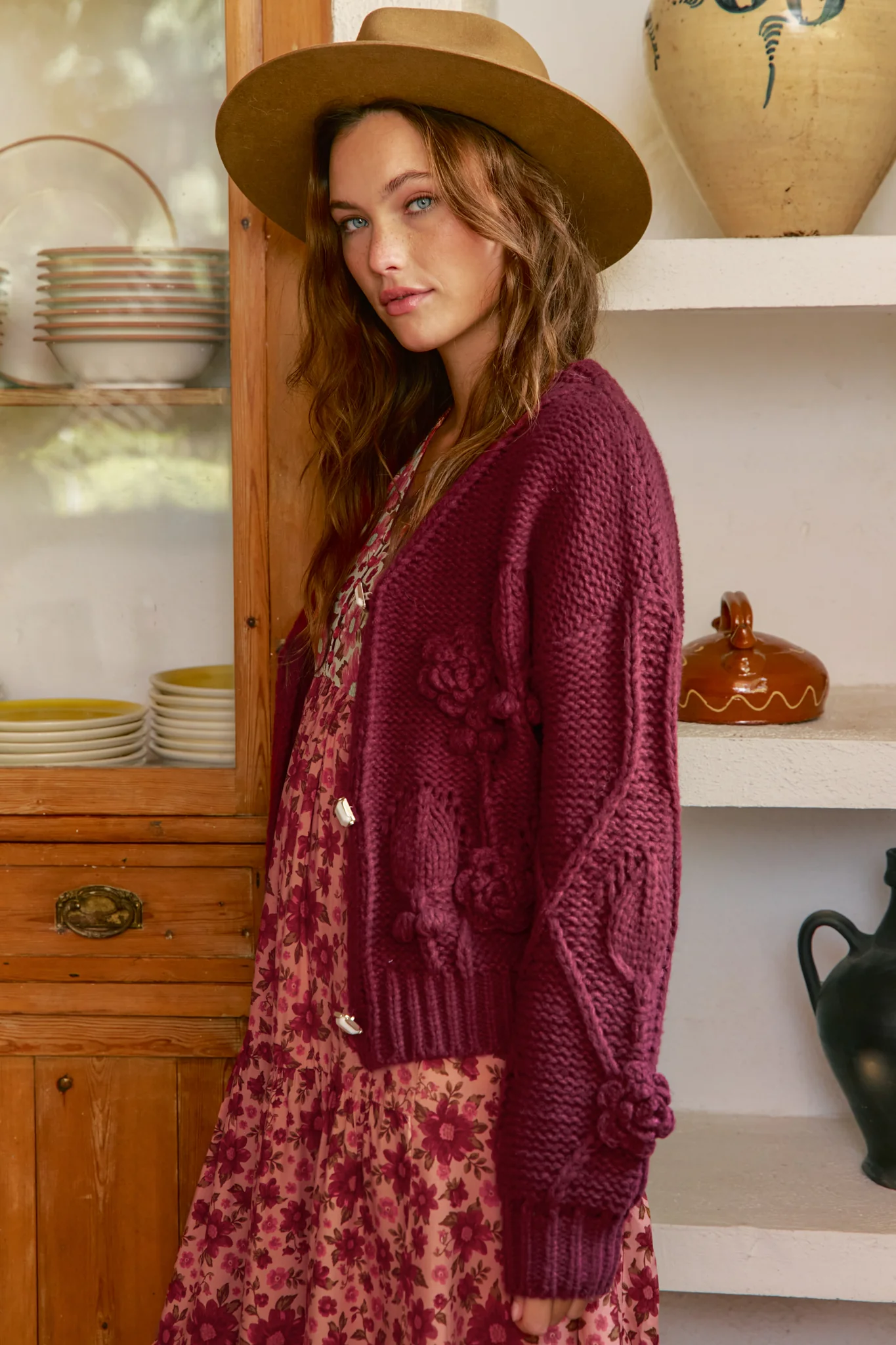 JAASE - Cozy Knit: Floral Motif Chunky Knit Cardigan with Vintage Inspired Buttons in Maroon - Image 7