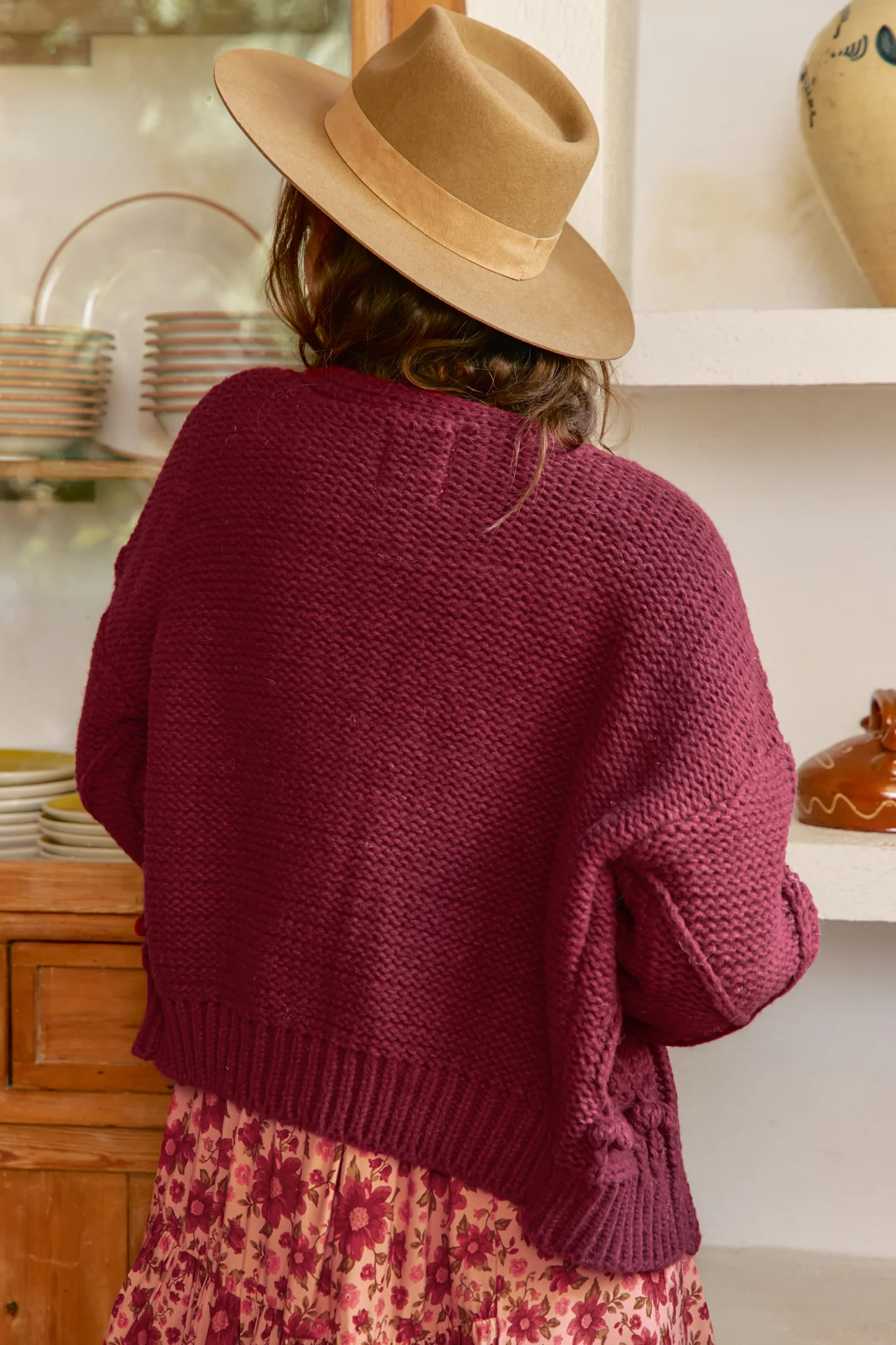 JAASE - Cozy Knit: Floral Motif Chunky Knit Cardigan with Vintage Inspired Buttons in Maroon - Image 8