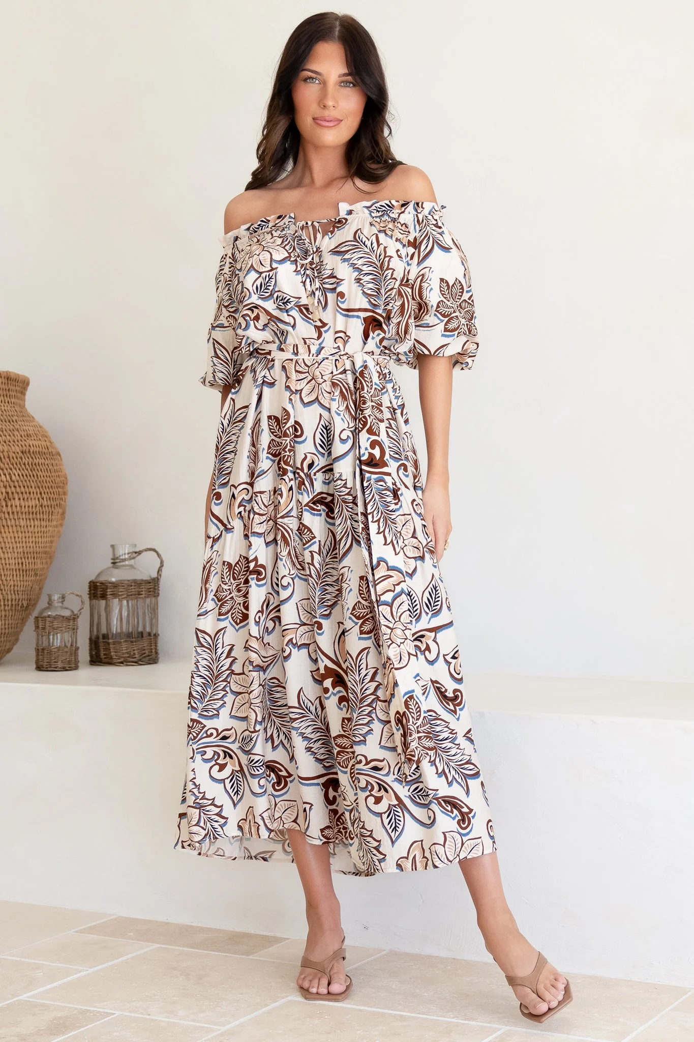 Criselda Maxi Dress - On or Off Shoulder Ballon Sleeve Dress in Palermo Print