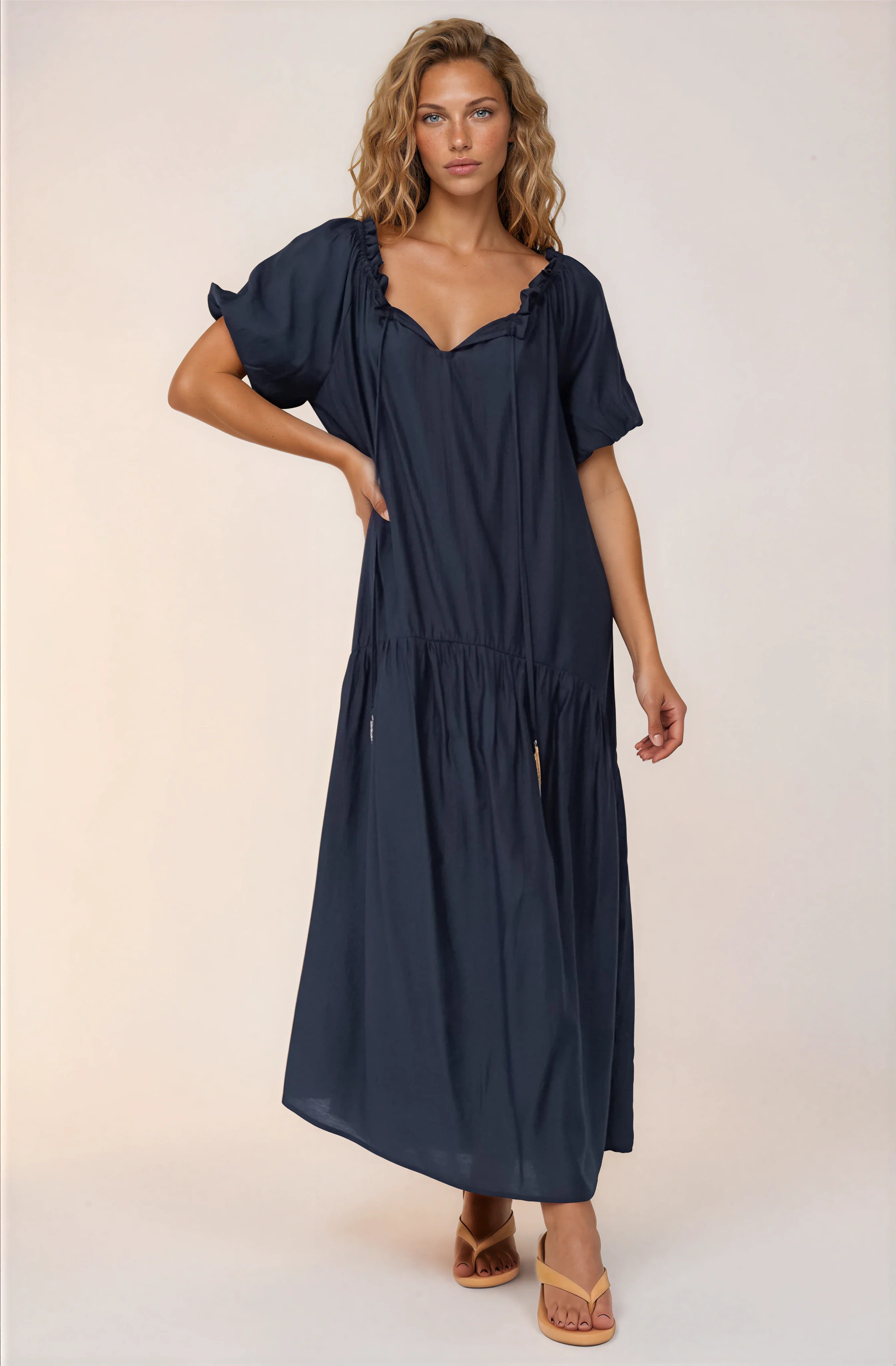 Cristina Maxi Dress - On or Off Shoulder Tiered Shift Dress with Neck Tie Detail in Navy