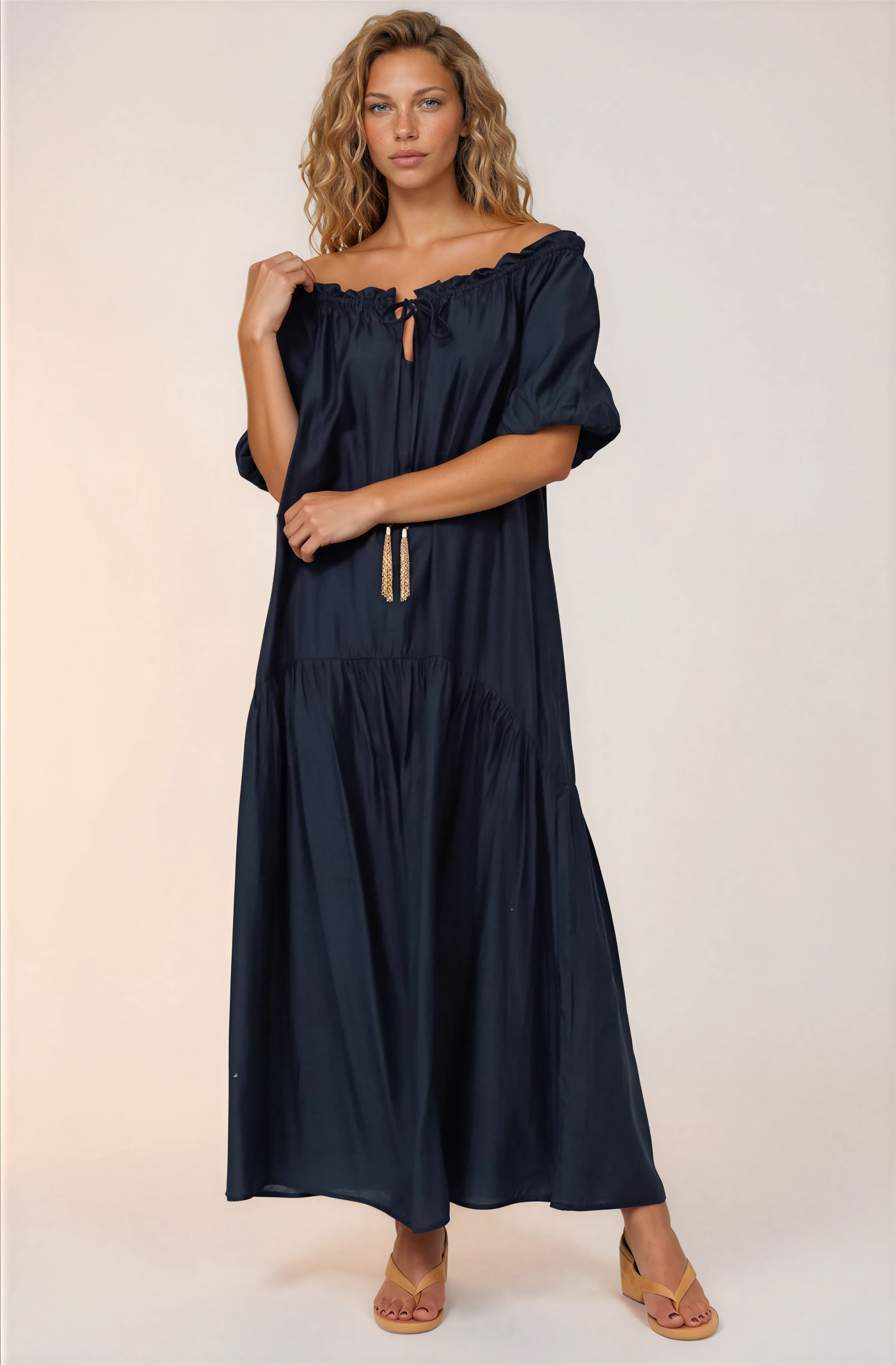 Cristina Maxi Dress - On or Off Shoulder Tiered Shift Dress with Neck Tie Detail in Navy - Image 2