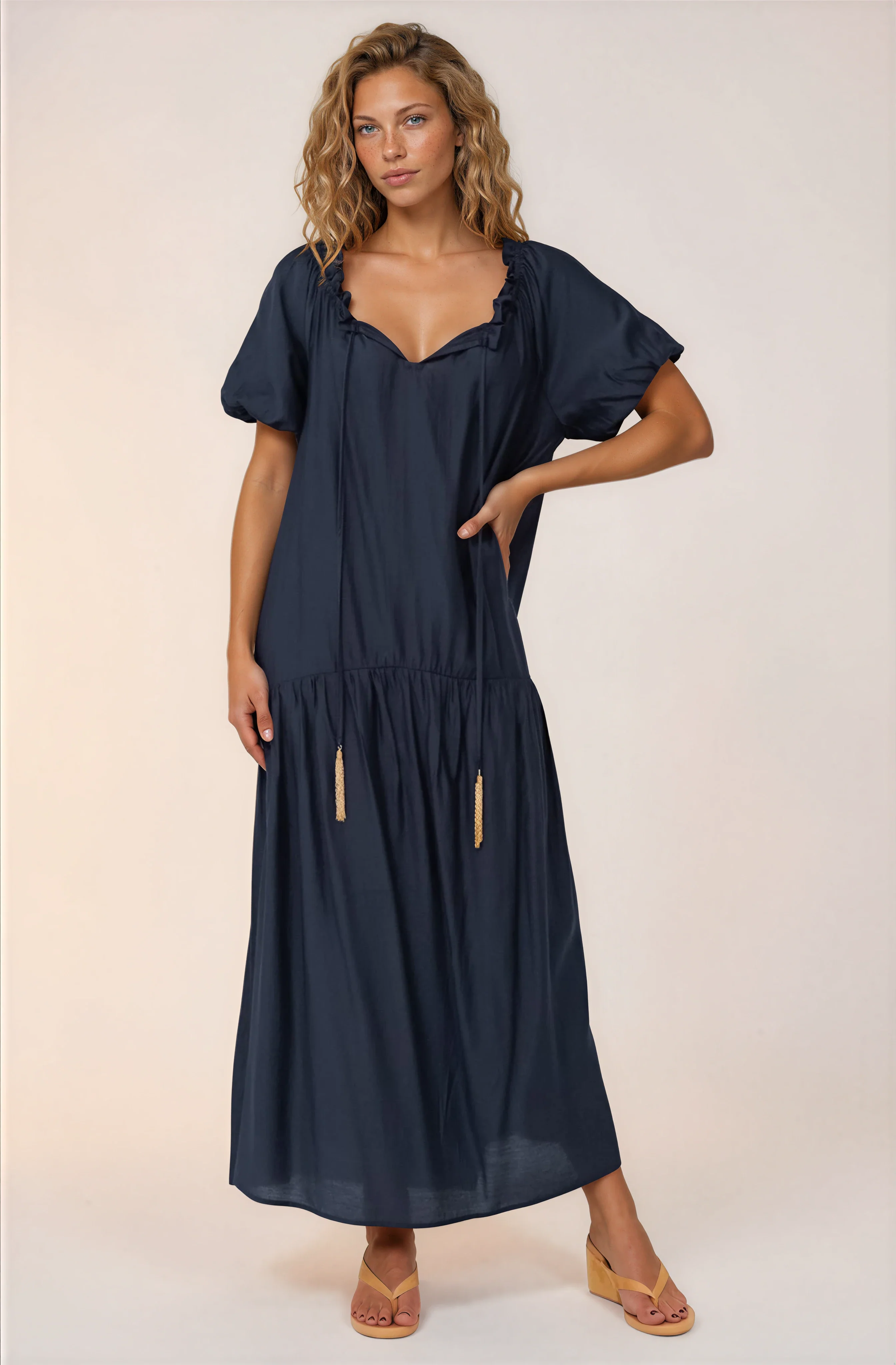 Cristina Maxi Dress - On or Off Shoulder Tiered Shift Dress with Neck Tie Detail in Navy - Image 3