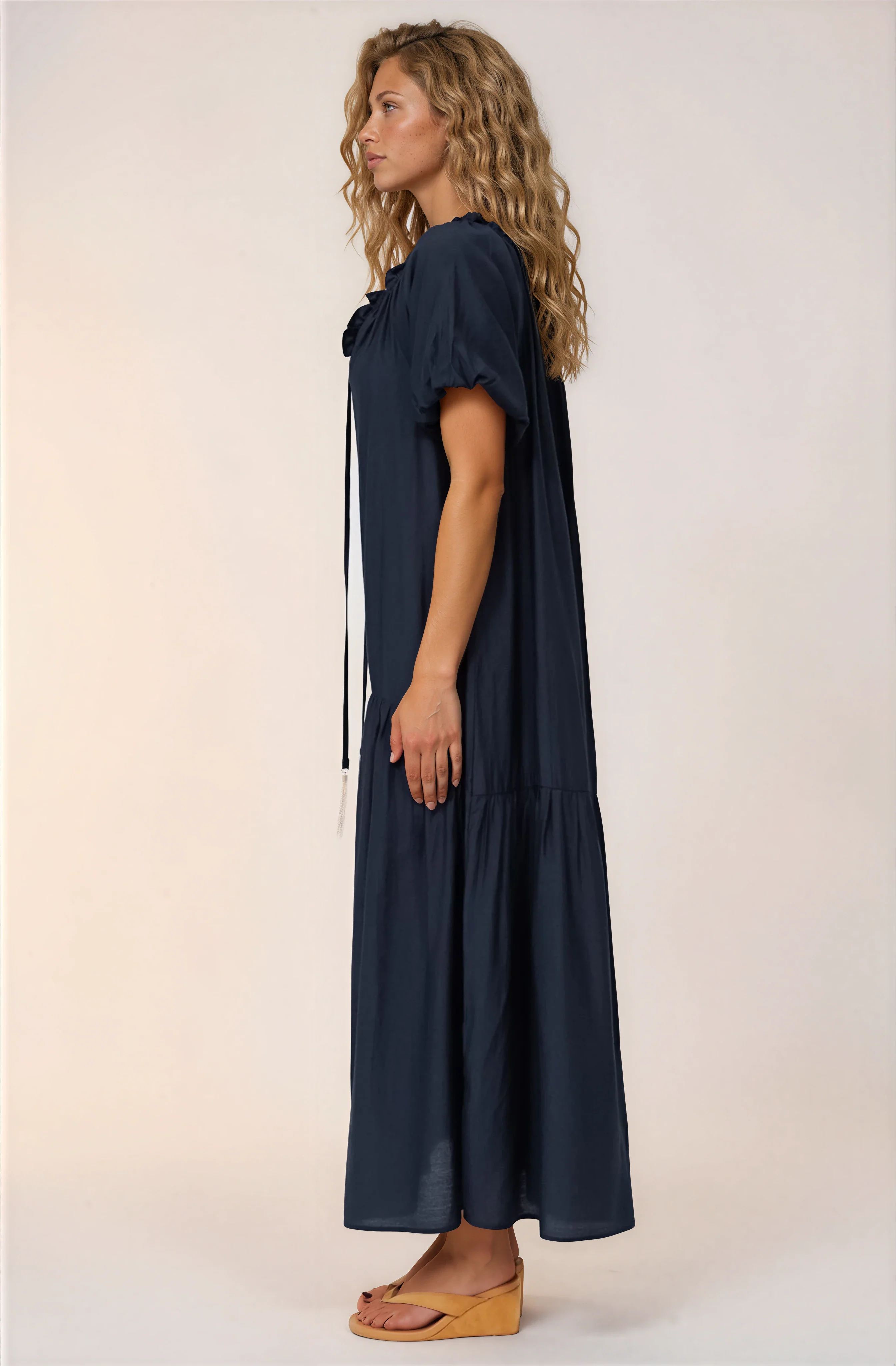 Cristina Maxi Dress - On or Off Shoulder Tiered Shift Dress with Neck Tie Detail in Navy - Image 4