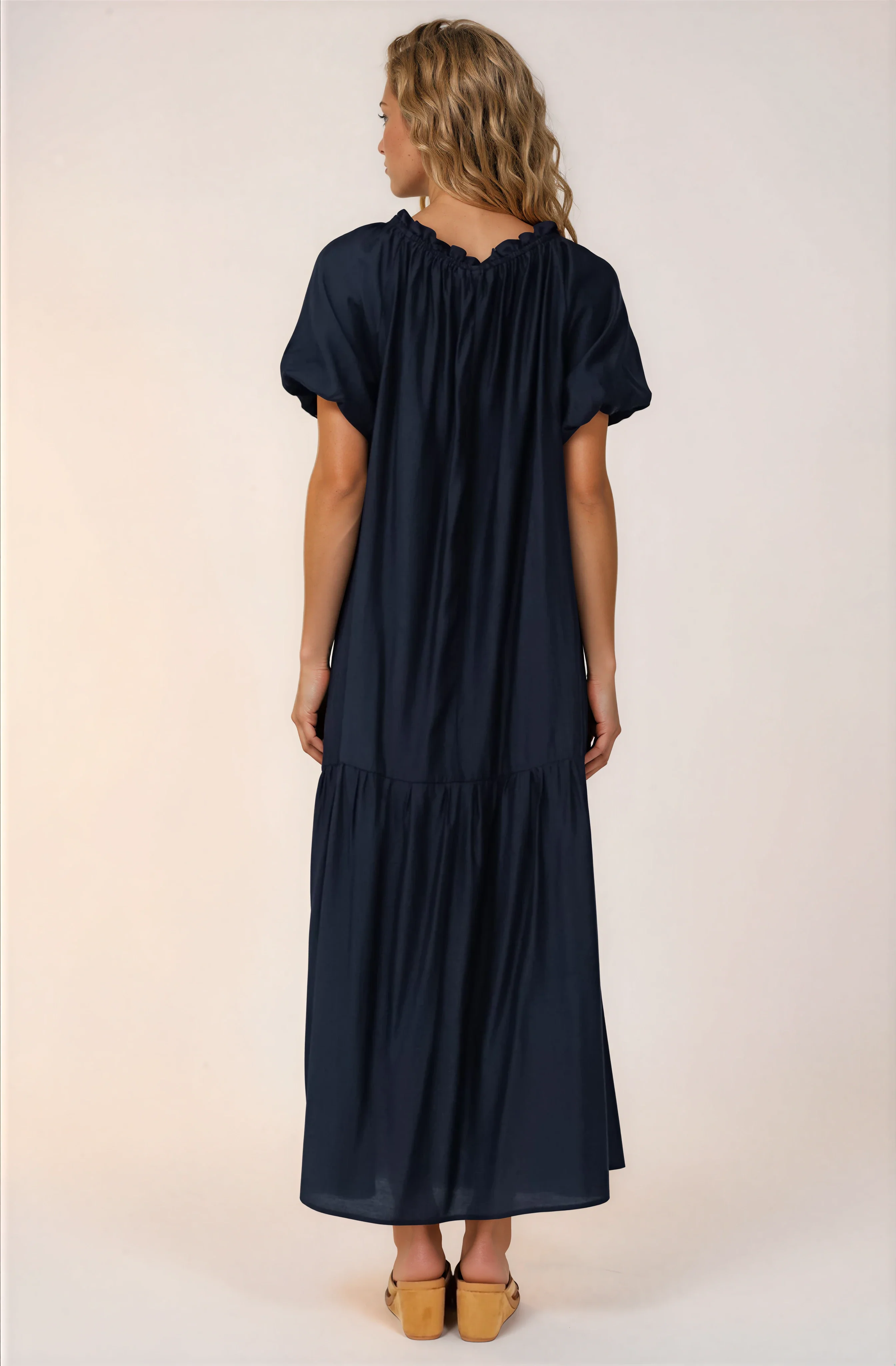 Cristina Maxi Dress - On or Off Shoulder Tiered Shift Dress with Neck Tie Detail in Navy - Image 5